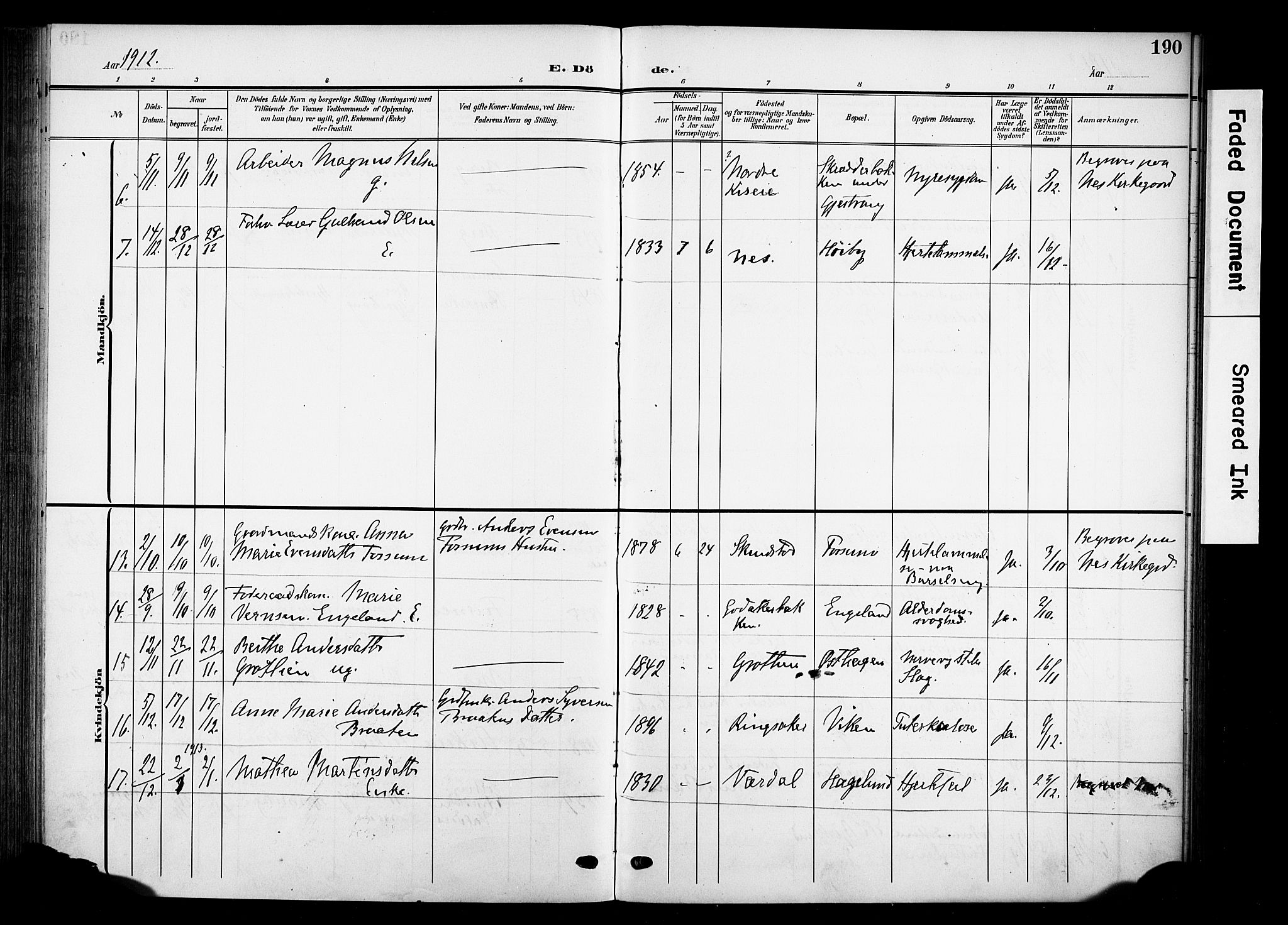Nes prestekontor, Hedmark, SAH/PREST-020/K/Ka/L0013: Parish register (official) no. 13, 1906-1924, p. 190