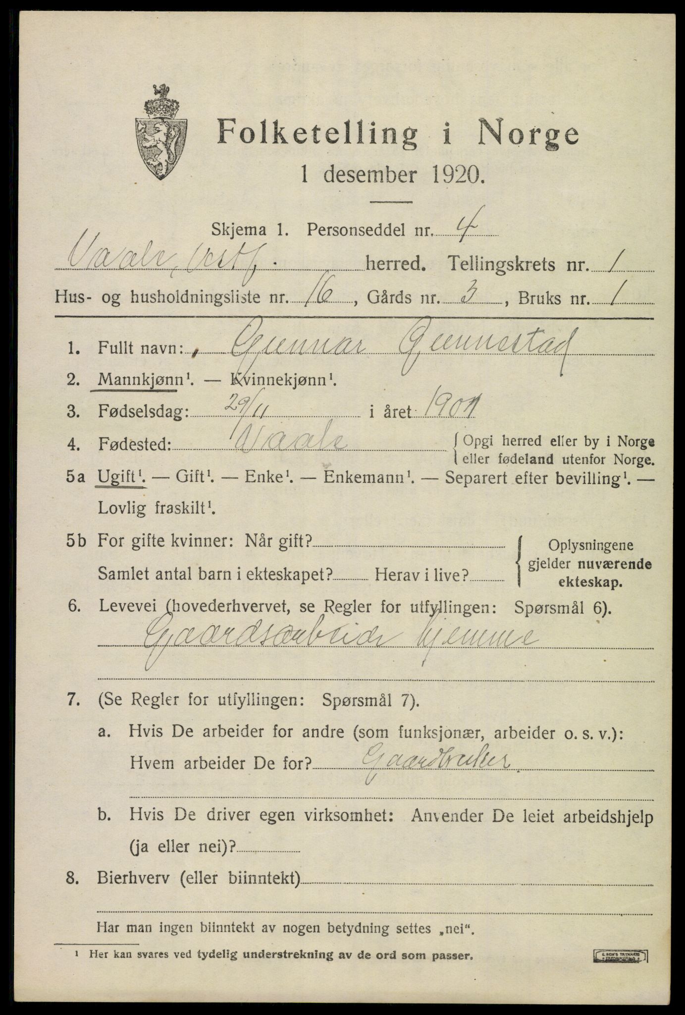 SAKO, 1920 census for Våle, 1920, p. 1240