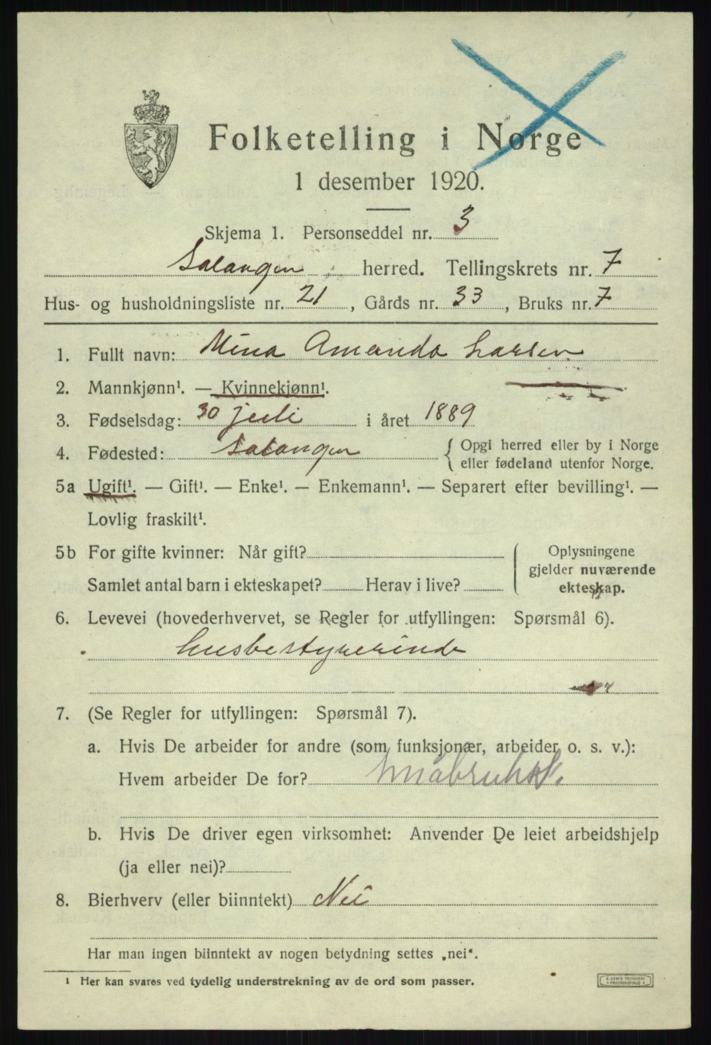 SATØ, 1920 census for Salangen, 1920, p. 4900