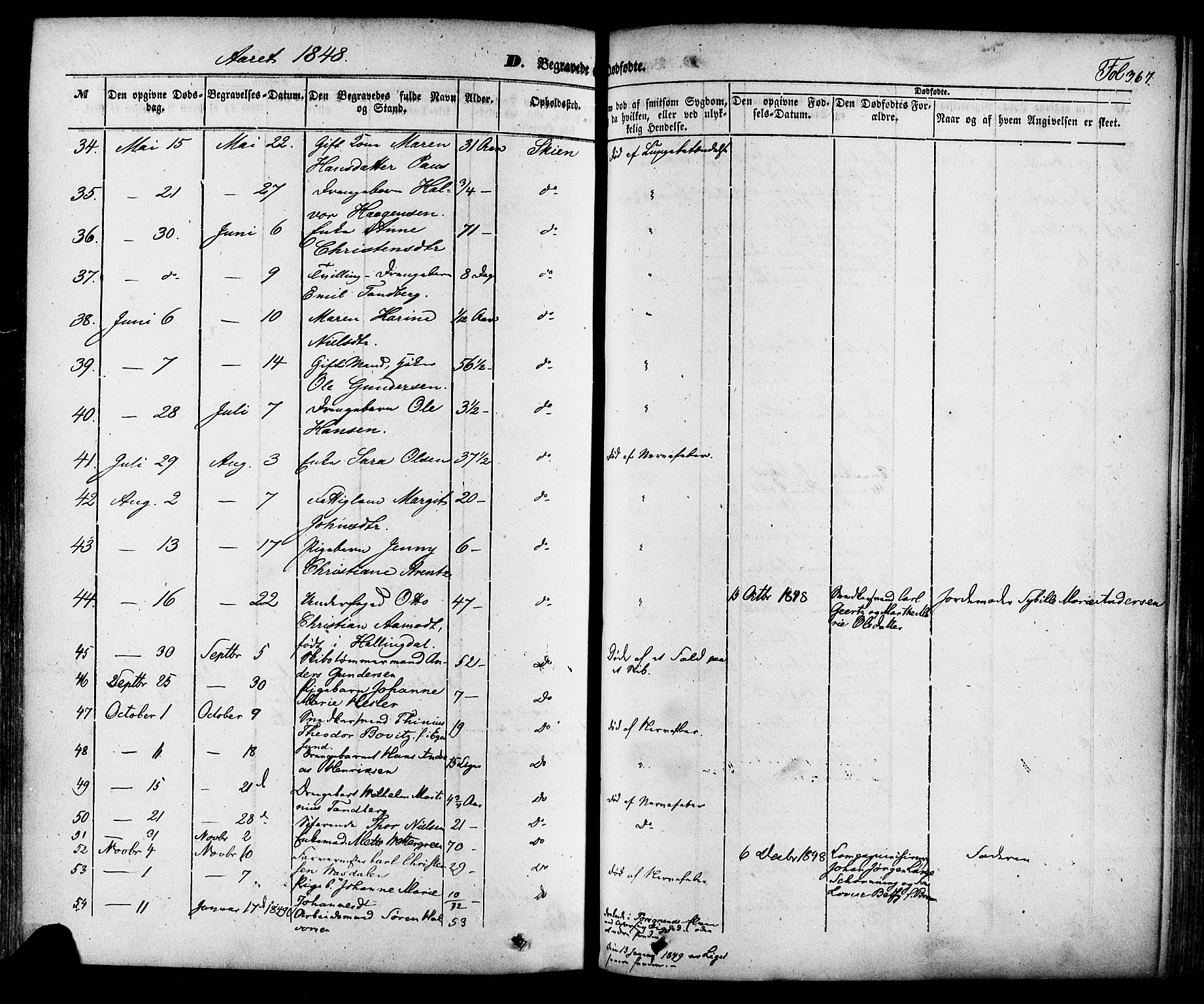 Skien kirkebøker, SAKO/A-302/F/Fa/L0006a: Parish register (official) no. 6A, 1843-1856, p. 367