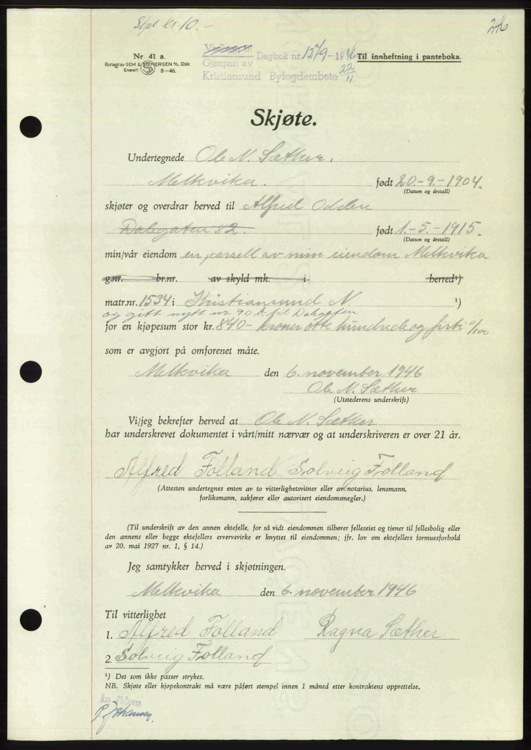 Kristiansund byfogd, AV/SAT-A-4587/A/27: Mortgage book no. 39b, 1946-1947, Diary no: : 1279/1946