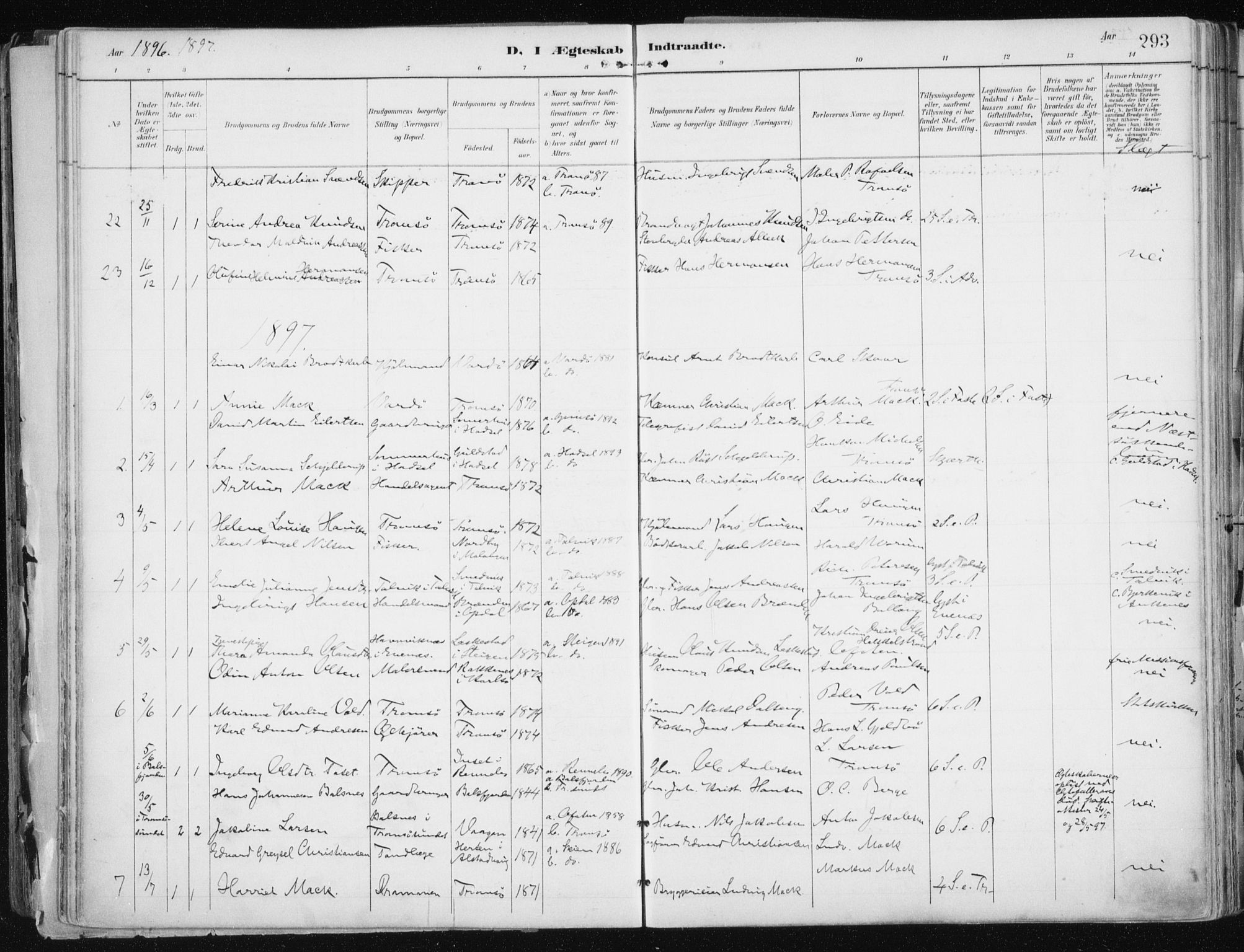 Tromsø sokneprestkontor/stiftsprosti/domprosti, AV/SATØ-S-1343/G/Ga/L0015kirke: Parish register (official) no. 15, 1889-1899, p. 293