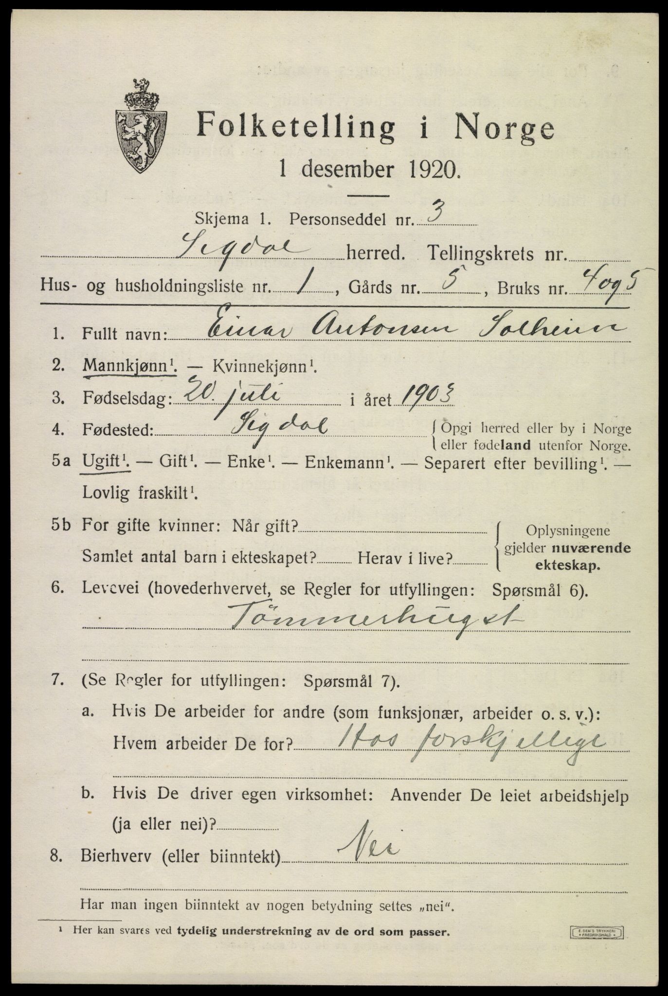 SAKO, 1920 census for Sigdal, 1920, p. 2774