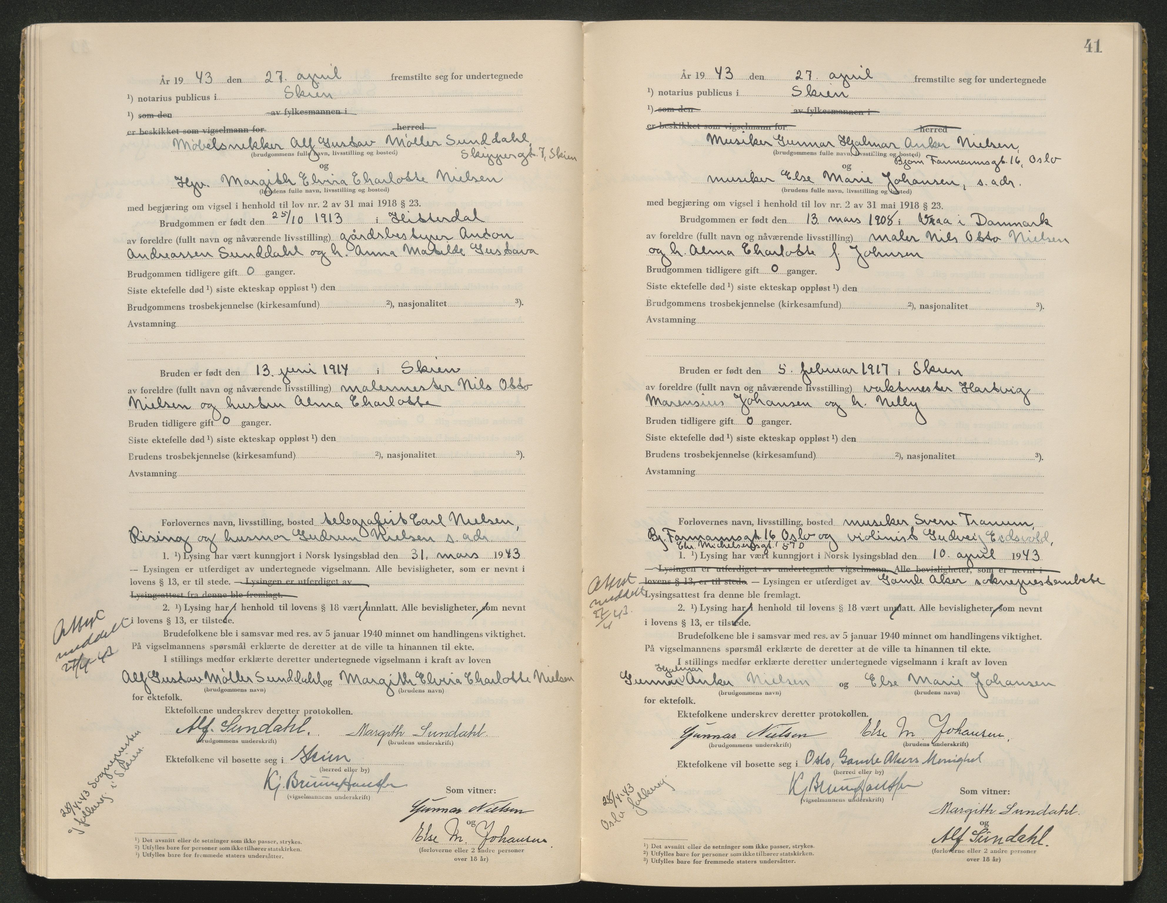 Skien sorenskriveri, AV/SAKO-A-225/L/La/L0001: Vigselsprotokoll, 1920-1947, p. 41