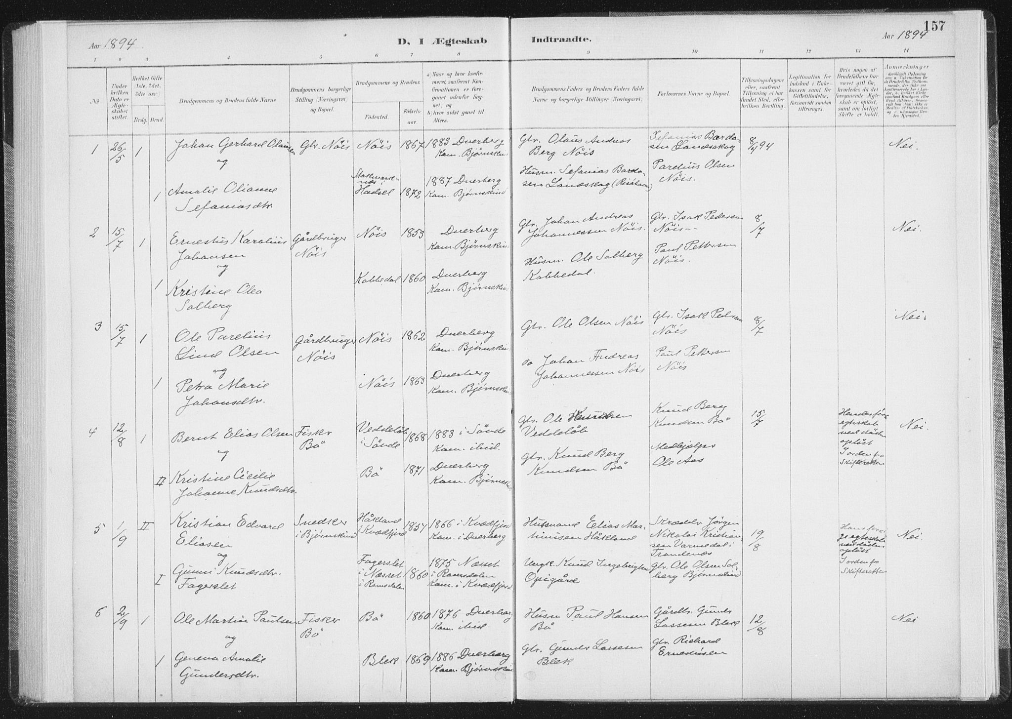 Ministerialprotokoller, klokkerbøker og fødselsregistre - Nordland, AV/SAT-A-1459/898/L1422: Parish register (official) no. 898A02, 1887-1908, p. 157