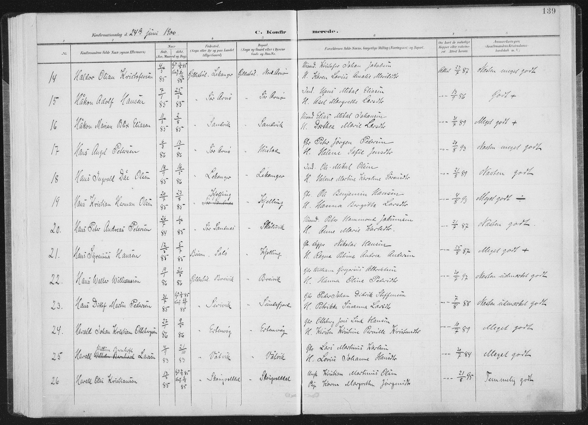 Ministerialprotokoller, klokkerbøker og fødselsregistre - Nordland, AV/SAT-A-1459/805/L0102: Parish register (official) no. 805A08I, 1900-1909, p. 139