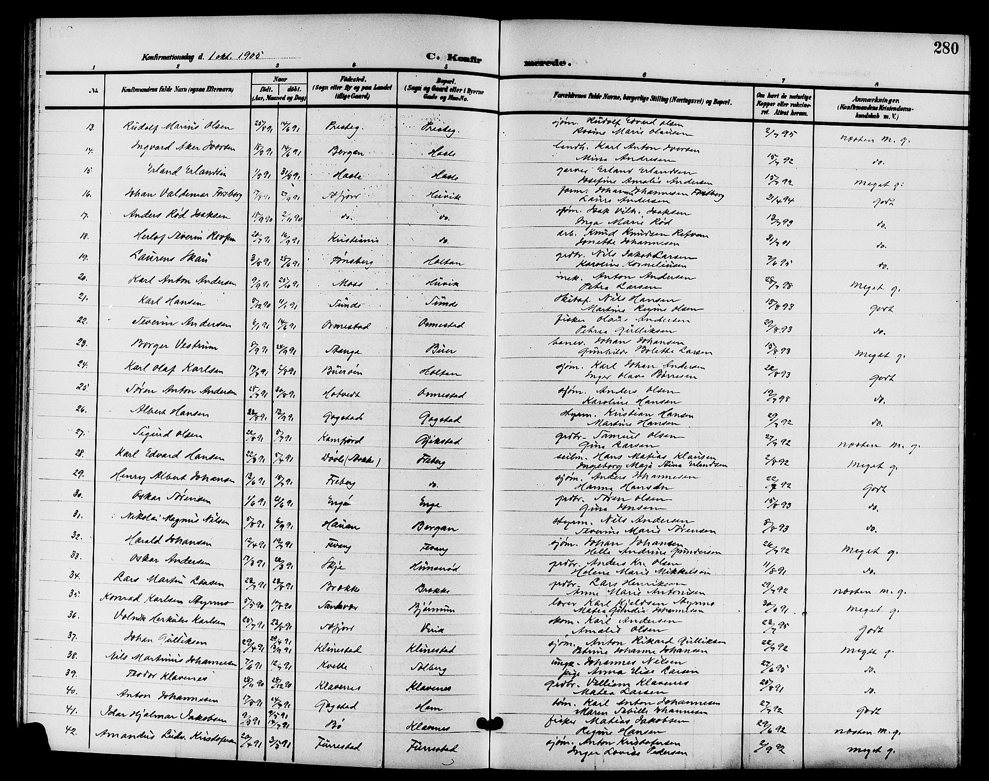 Sandar kirkebøker, AV/SAKO-A-243/G/Ga/L0002: Parish register (copy) no. 2, 1900-1915, p. 280