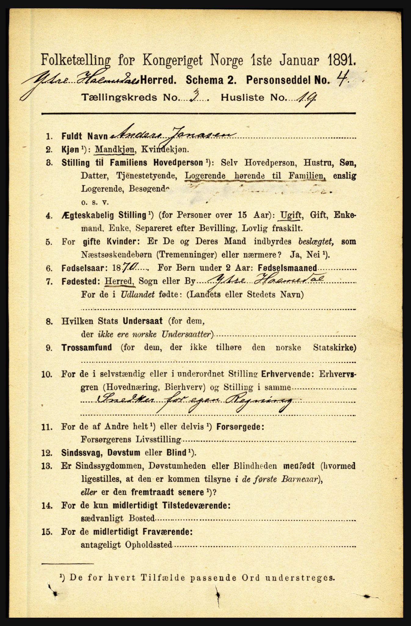 RA, 1891 census for 1429 Ytre Holmedal, 1891, p. 750