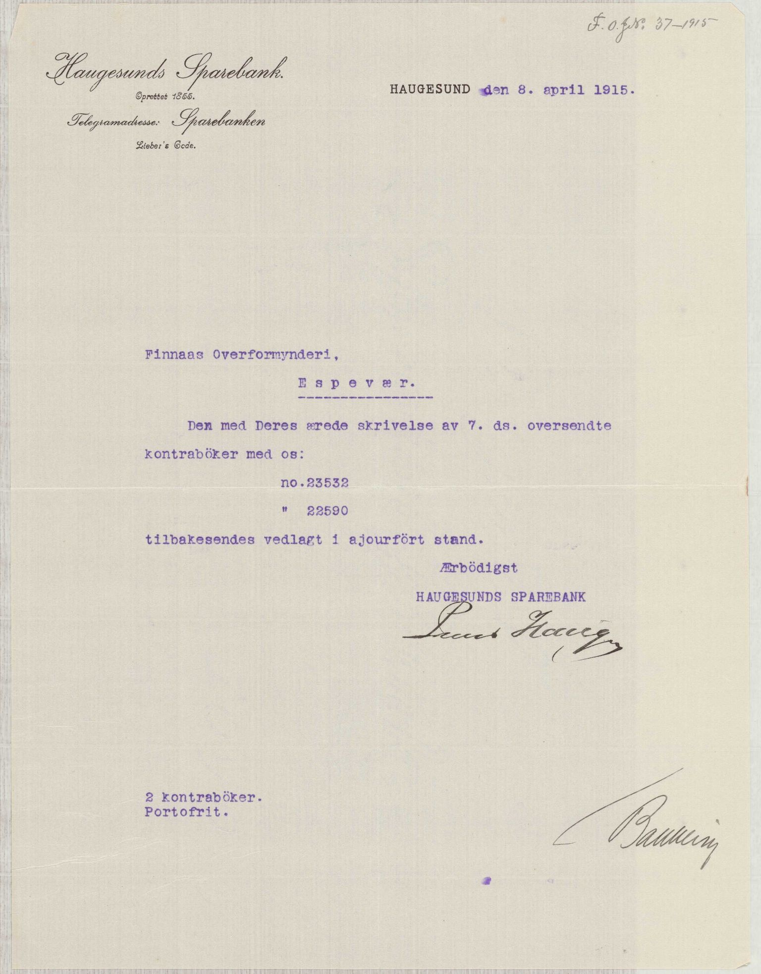 Finnaas kommune. Overformynderiet, IKAH/1218a-812/D/Da/Daa/L0003/0001: Kronologisk ordna korrespondanse / Kronologisk ordna korrespondanse, 1914-1916, p. 54