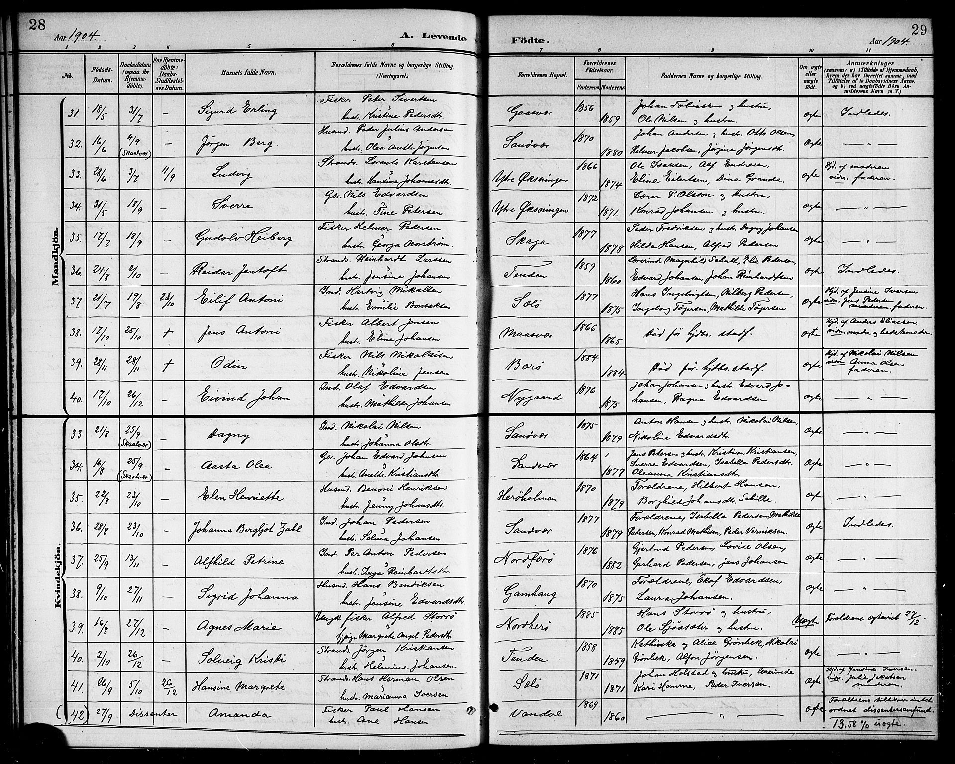 Ministerialprotokoller, klokkerbøker og fødselsregistre - Nordland, SAT/A-1459/834/L0516: Parish register (copy) no. 834C06, 1902-1918, p. 28-29