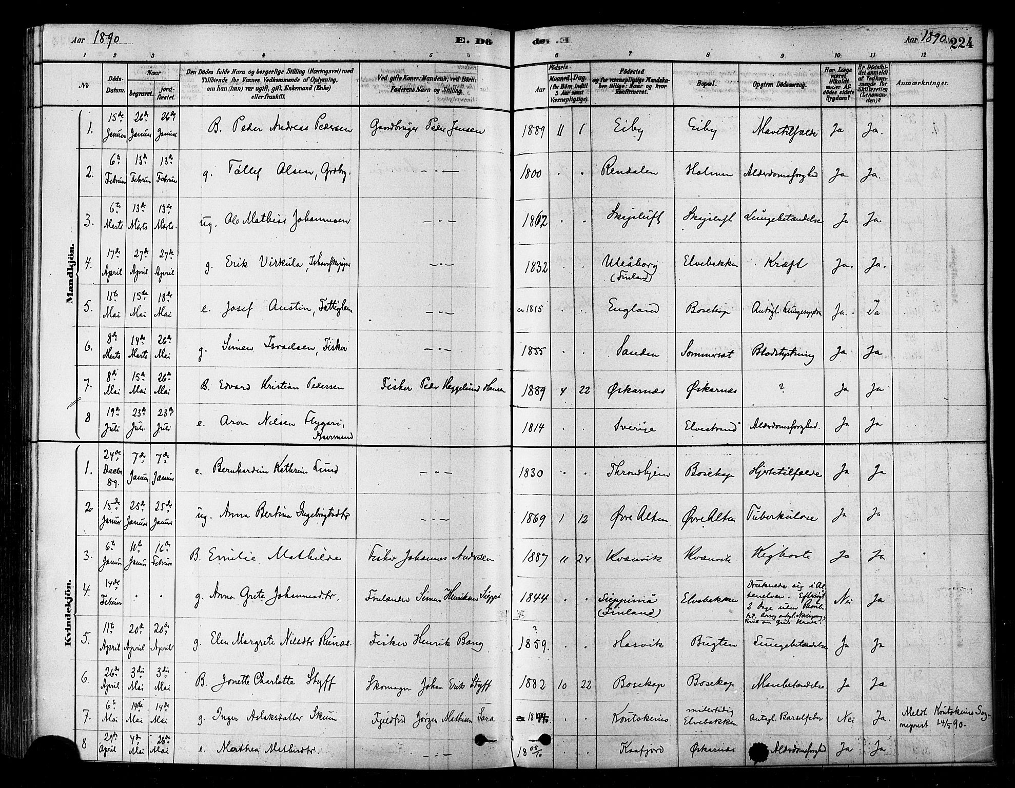 Alta sokneprestkontor, SATØ/S-1338/H/Ha/L0002.kirke: Parish register (official) no. 2, 1879-1892, p. 224