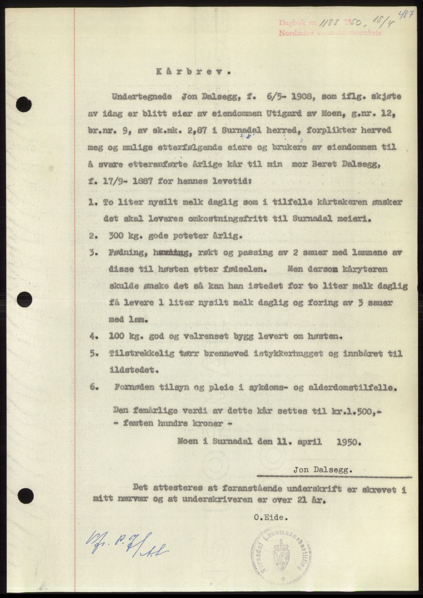 Nordmøre sorenskriveri, AV/SAT-A-4132/1/2/2Ca: Mortgage book no. B104, 1950-1950, Diary no: : 1188/1950