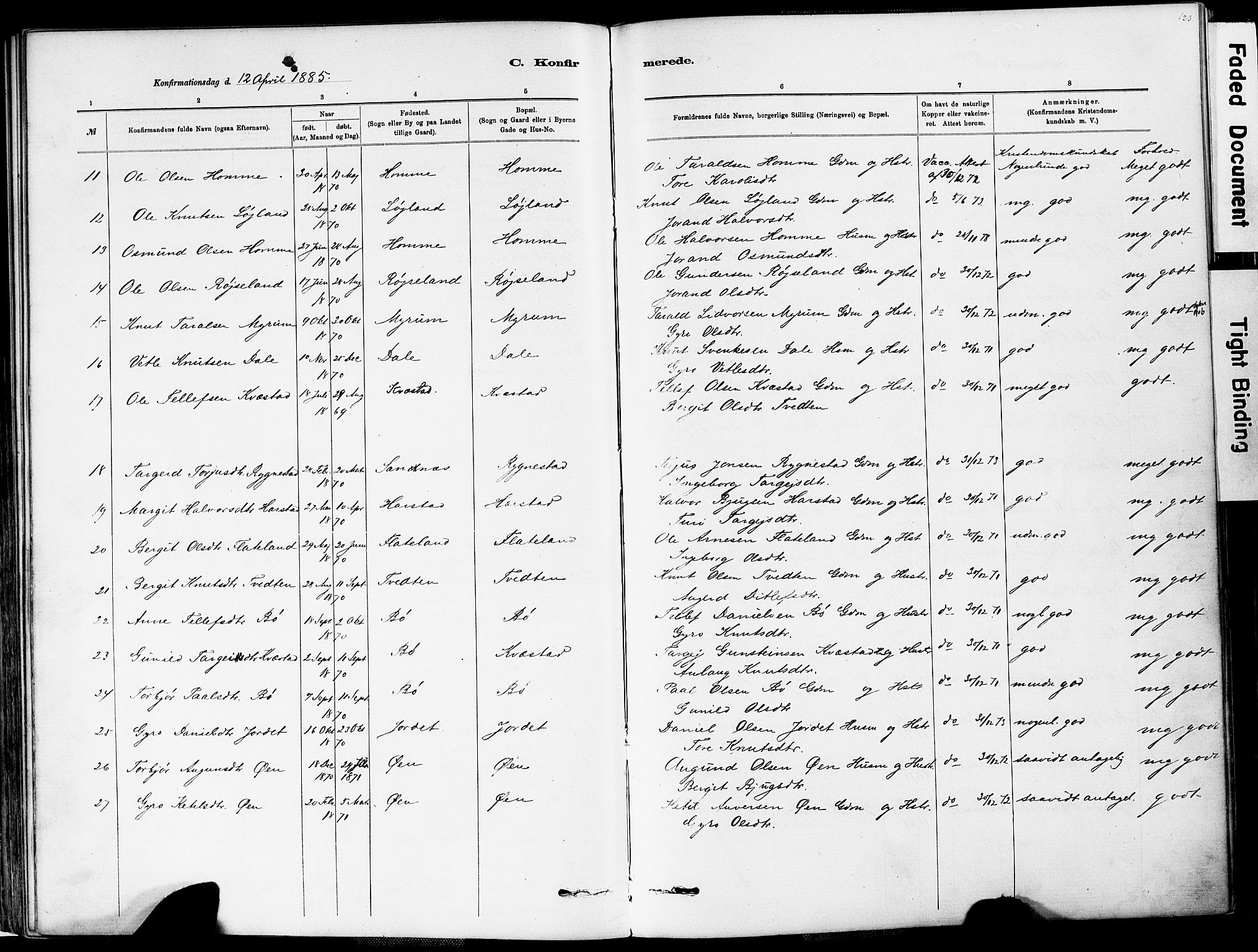 Valle sokneprestkontor, SAK/1111-0044/F/Fa/Fac/L0009: Parish register (official) no. A 9, 1882-1913, p. 123