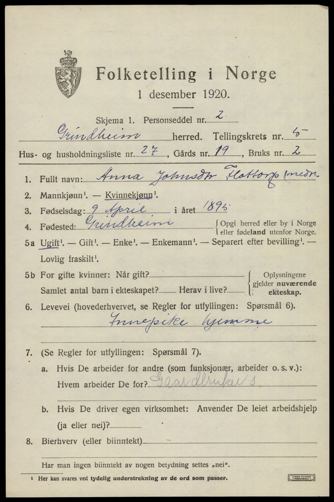 SAK, 1920 census for Grindheim, 1920, p. 1825