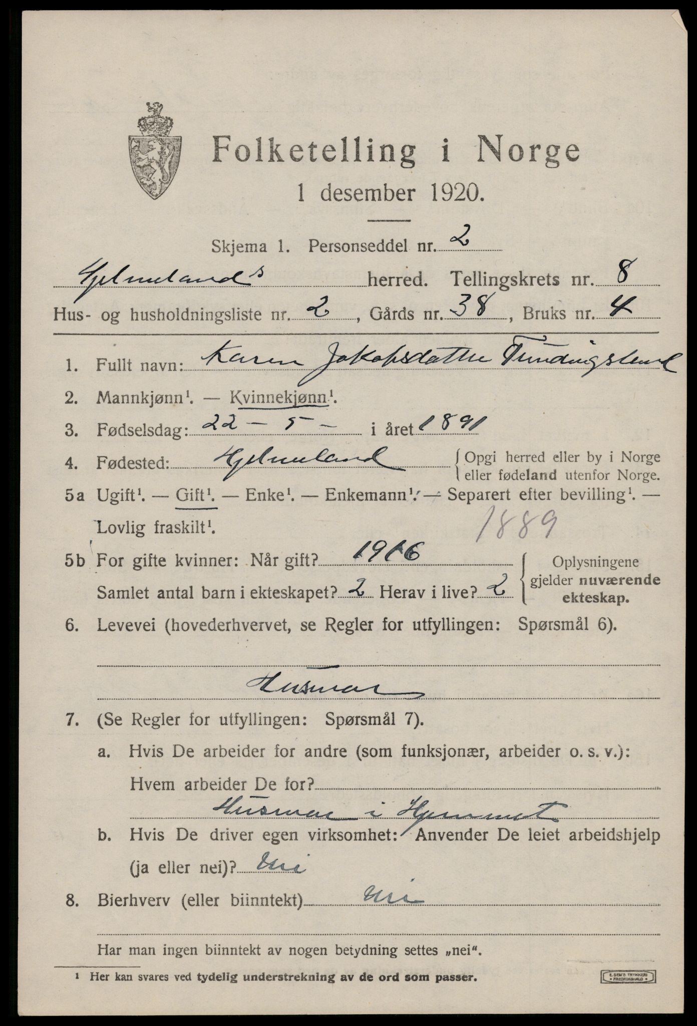 SAST, 1920 census for Hjelmeland, 1920, p. 2459