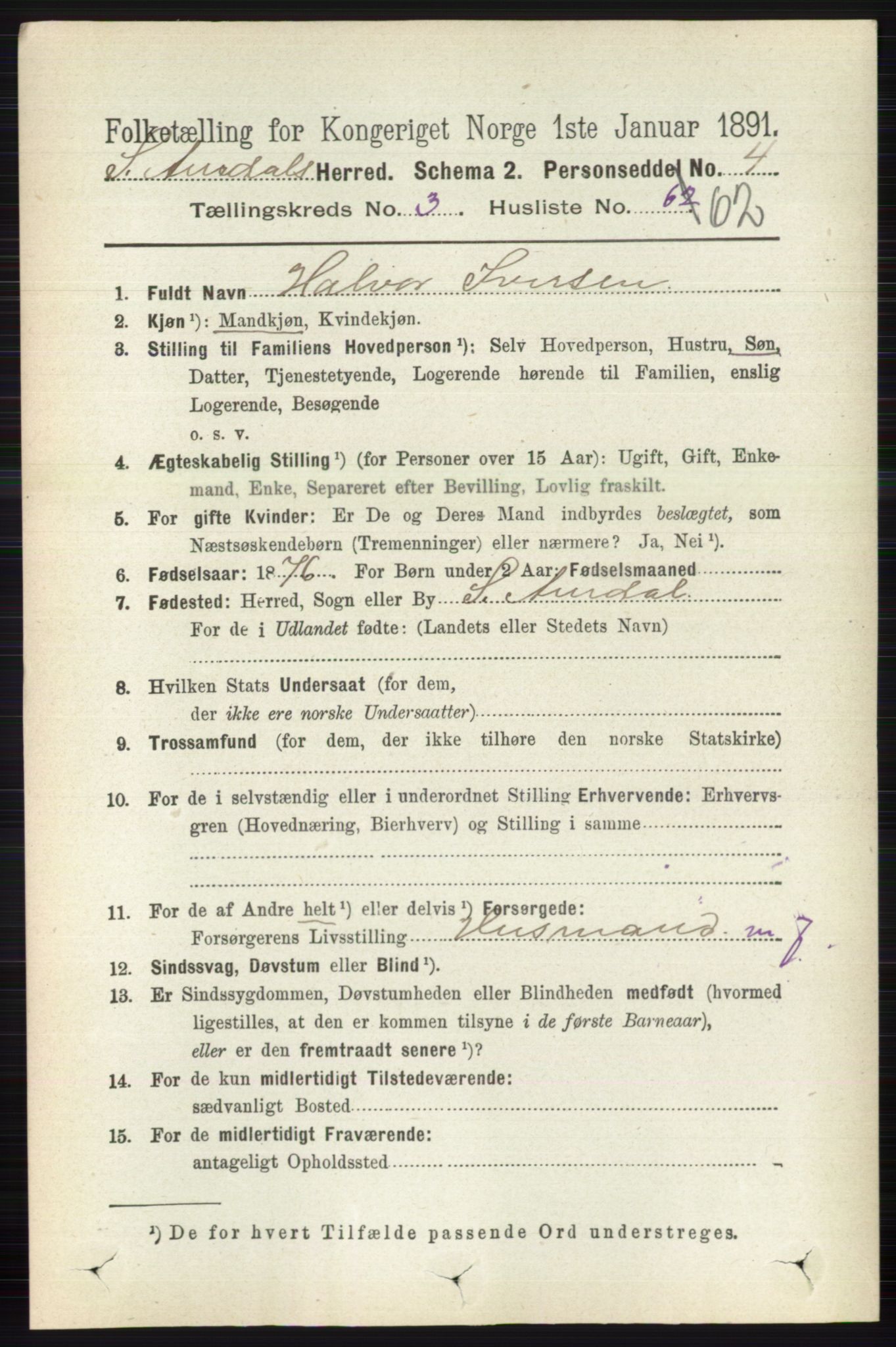 RA, 1891 census for 0540 Sør-Aurdal, 1891, p. 2078