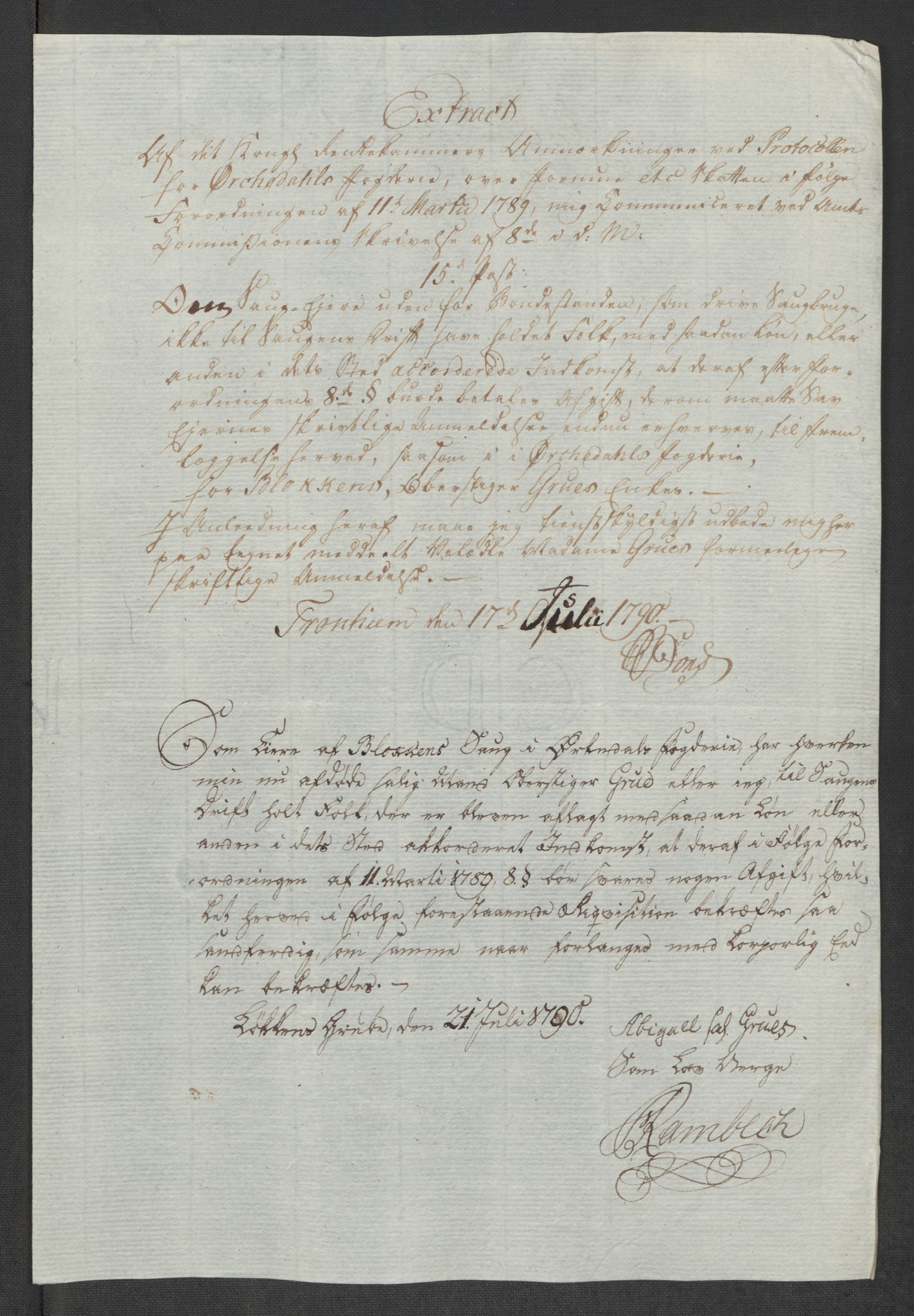 Rentekammeret inntil 1814, Reviderte regnskaper, Mindre regnskaper, AV/RA-EA-4068/Rf/Rfe/L0032: Numedal og Sandsvær fogderi, Orkdal og Gauldal fogderi, 1789, p. 190