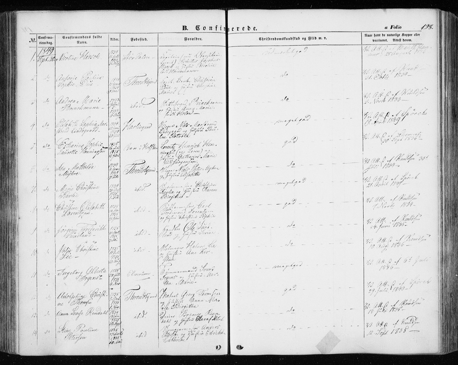 Ministerialprotokoller, klokkerbøker og fødselsregistre - Sør-Trøndelag, SAT/A-1456/601/L0051: Parish register (official) no. 601A19, 1848-1857, p. 198