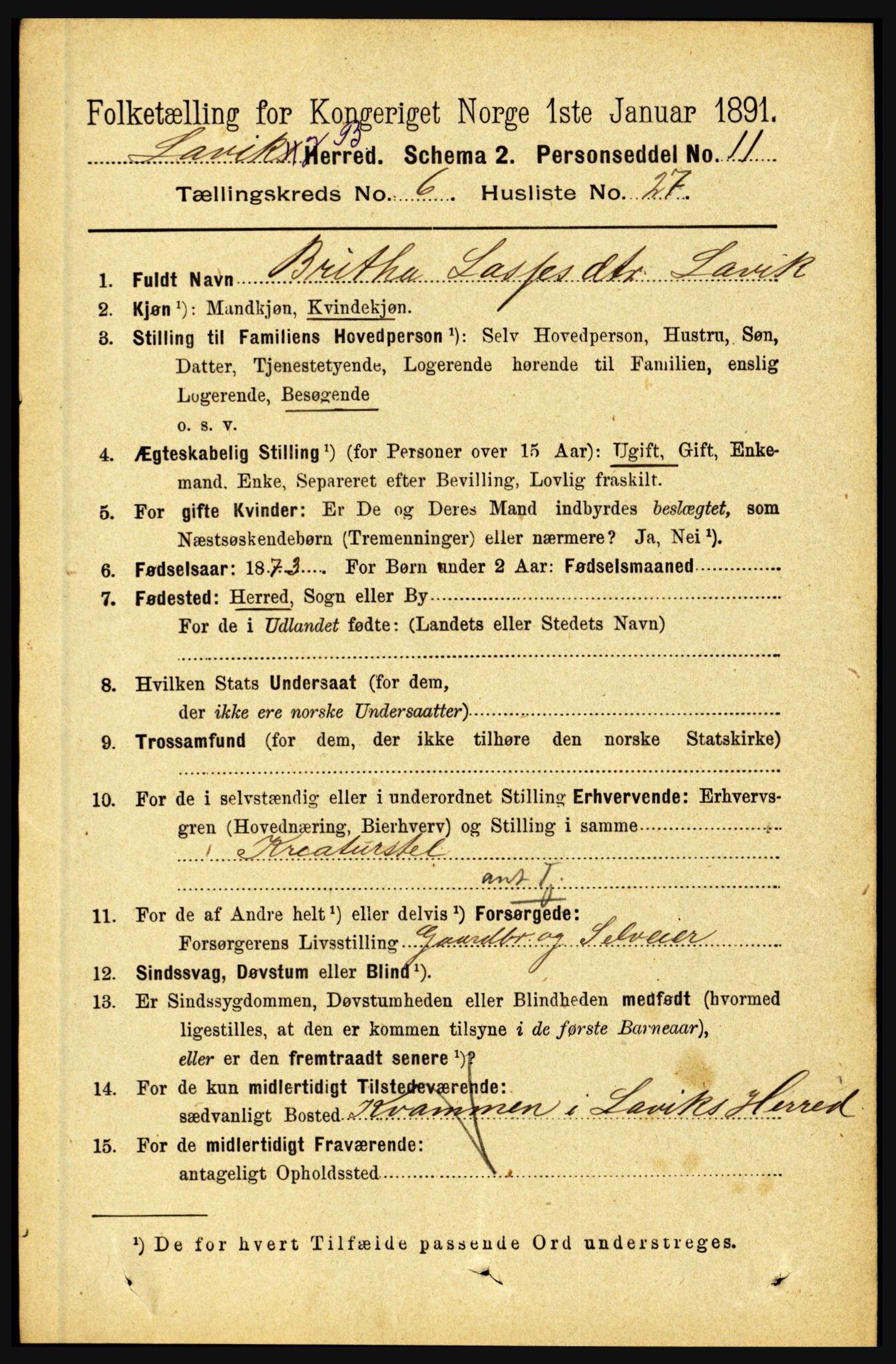 RA, 1891 census for 1415 Lavik og Brekke, 1891, p. 1316