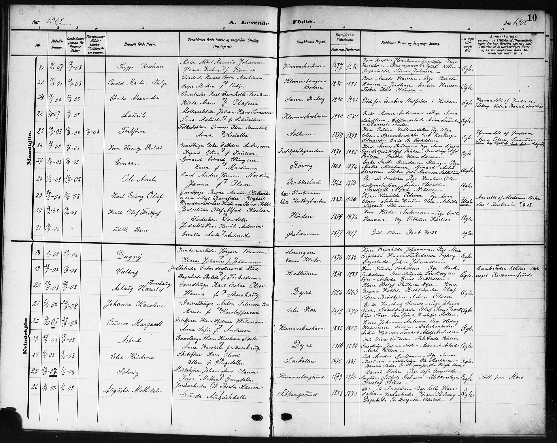 Rygge prestekontor Kirkebøker, AV/SAO-A-10084b/G/Ga/L0003: Parish register (copy) no. 3, 1906-1921, p. 10