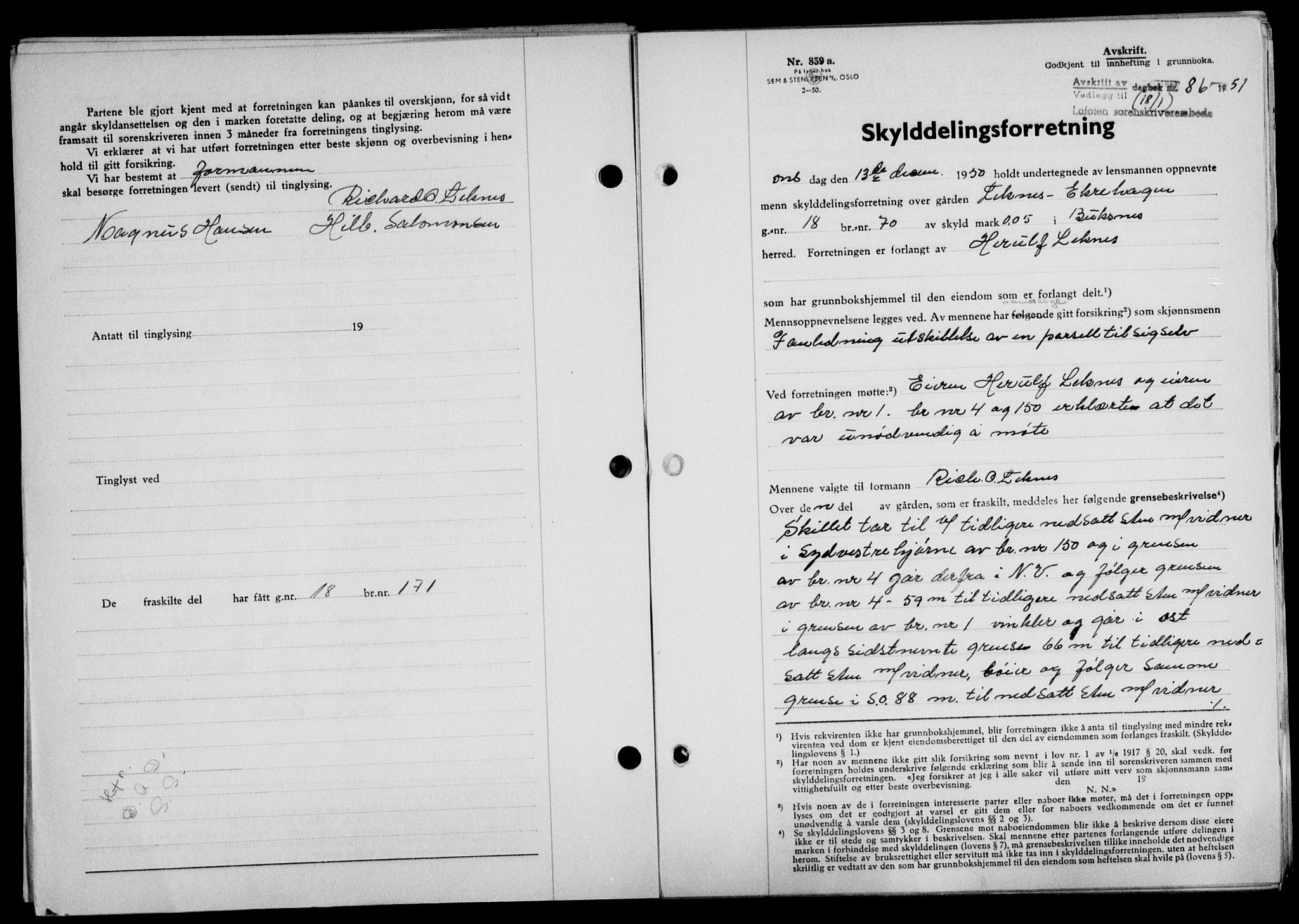 Lofoten sorenskriveri, SAT/A-0017/1/2/2C/L0025a: Mortgage book no. 25a, 1950-1951, Diary no: : 86/1951