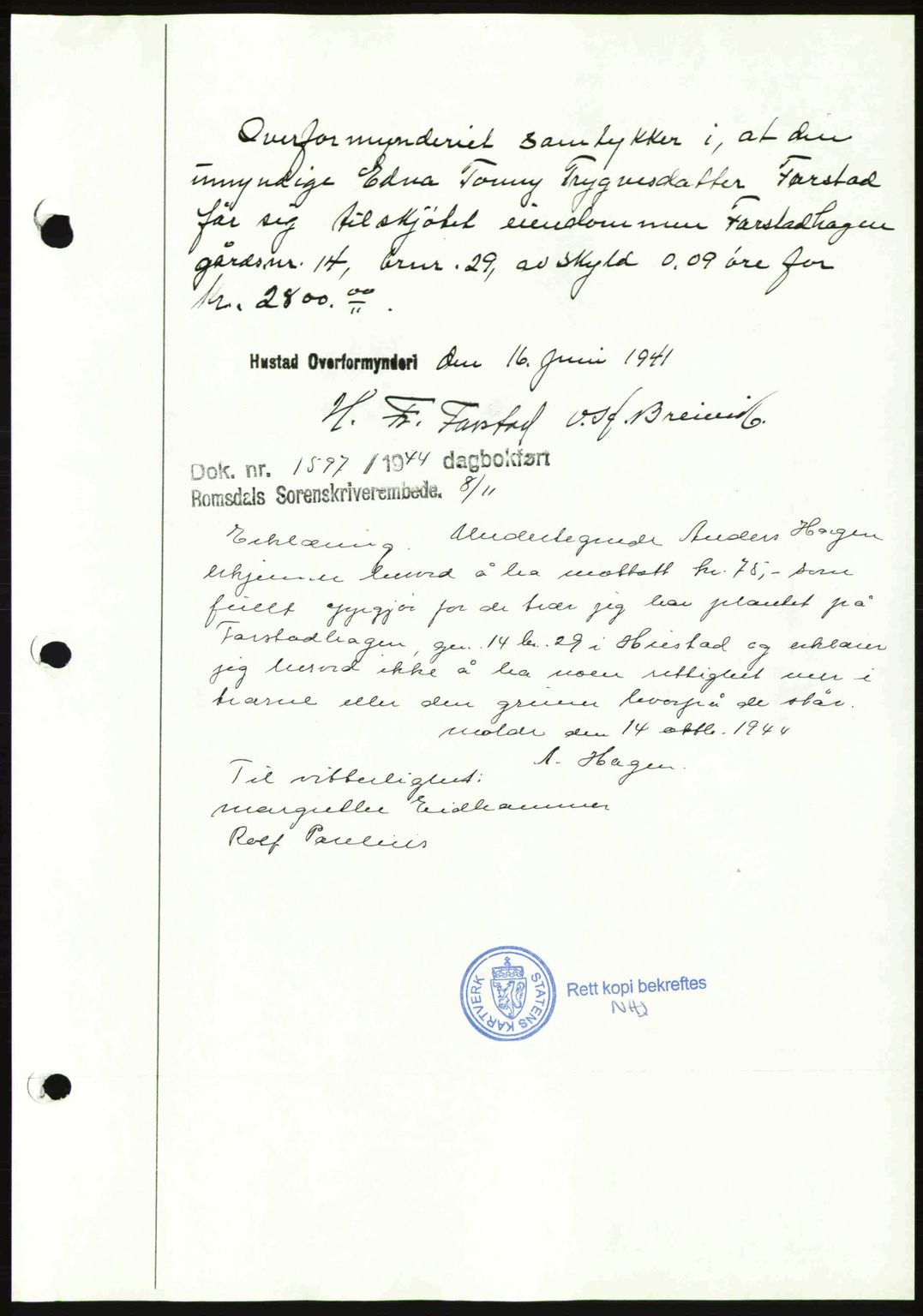 Romsdal sorenskriveri, AV/SAT-A-4149/1/2/2C: Mortgage book no. A17, 1944-1945, Diary no: : 1597/1944