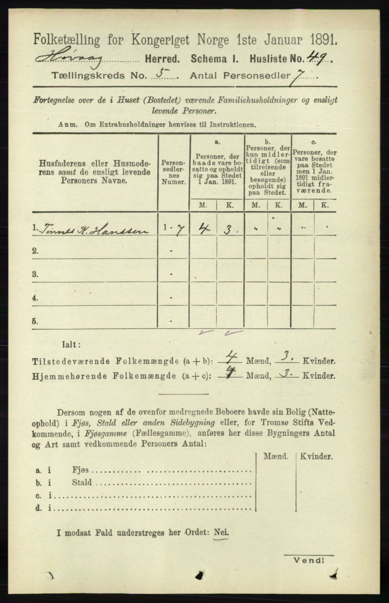 RA, 1891 census for 0927 Høvåg, 1891, p. 1834