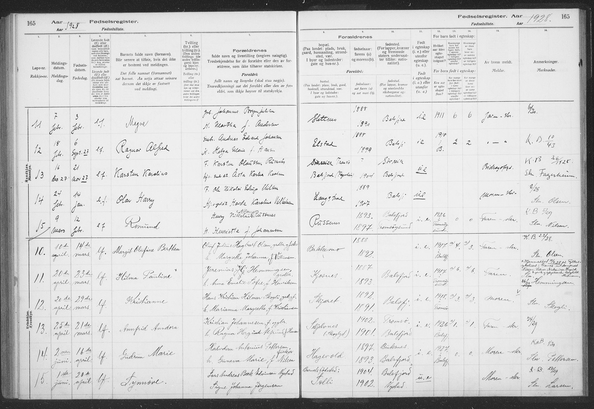 Balsfjord sokneprestembete, SATØ/S-1303/H/Hb/L0059: Birth register no. 59, 1916-1930, p. 165