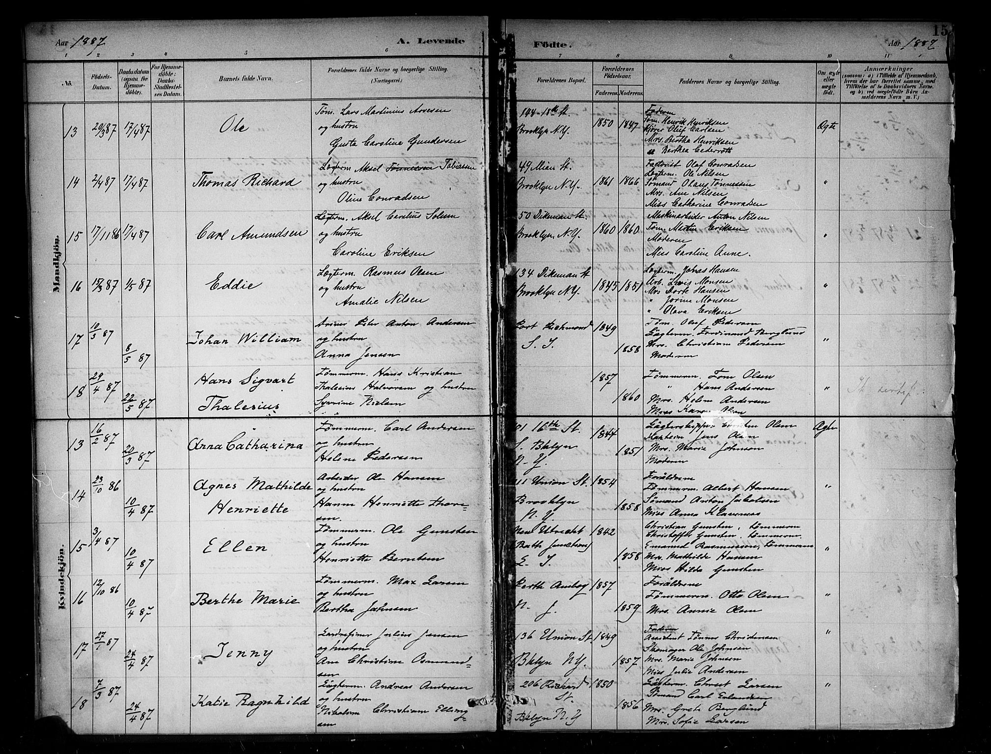 Den norske sjømannsmisjon i utlandet/New York, SAB/SAB/PA-0110/H/Ha/L0002: Parish register (official) no. A 2, 1886-1888, p. 15