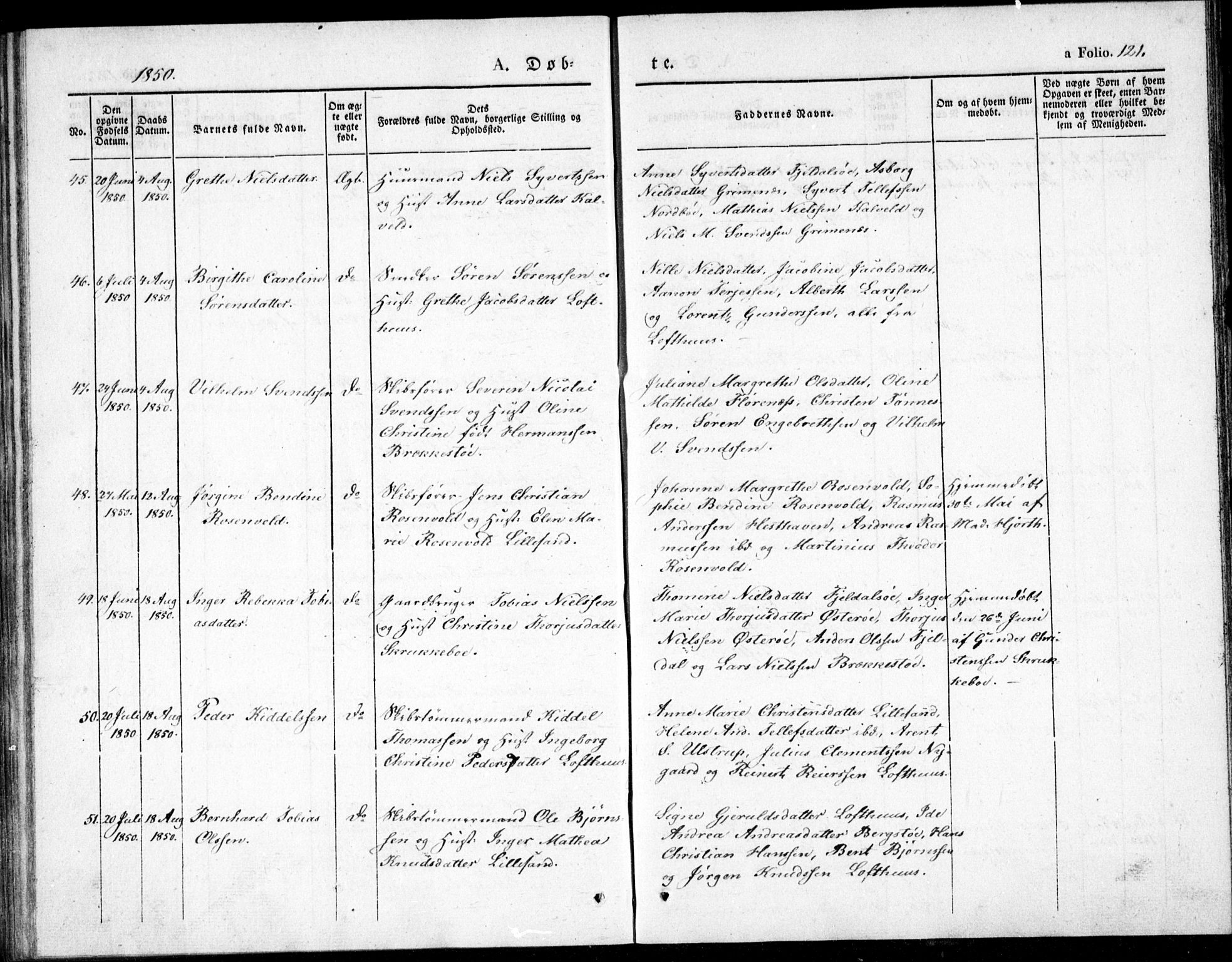 Vestre Moland sokneprestkontor, AV/SAK-1111-0046/F/Fb/Fbb/L0002: Parish register (copy) no. B 2, 1836-1851, p. 121