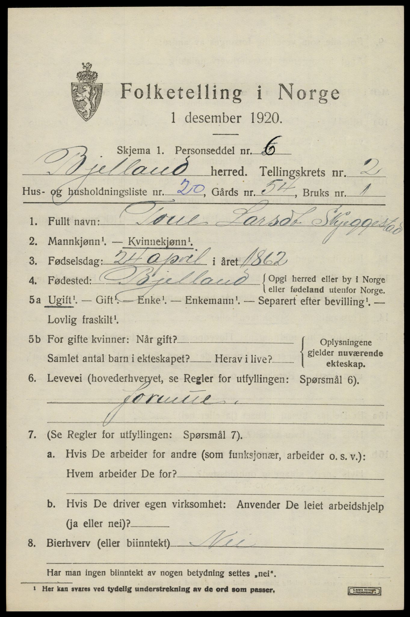 SAK, 1920 census for Bjelland, 1920, p. 943