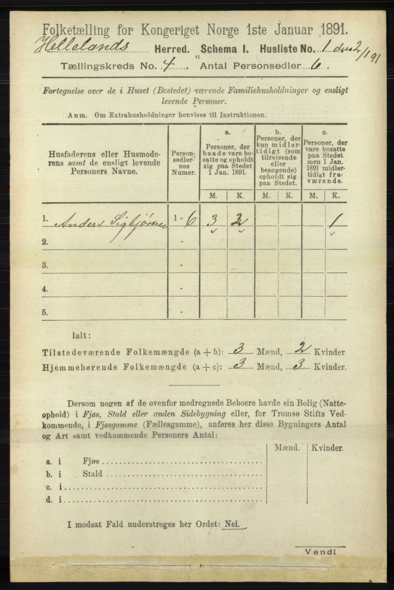 RA, 1891 census for 1115 Helleland, 1891, p. 1112