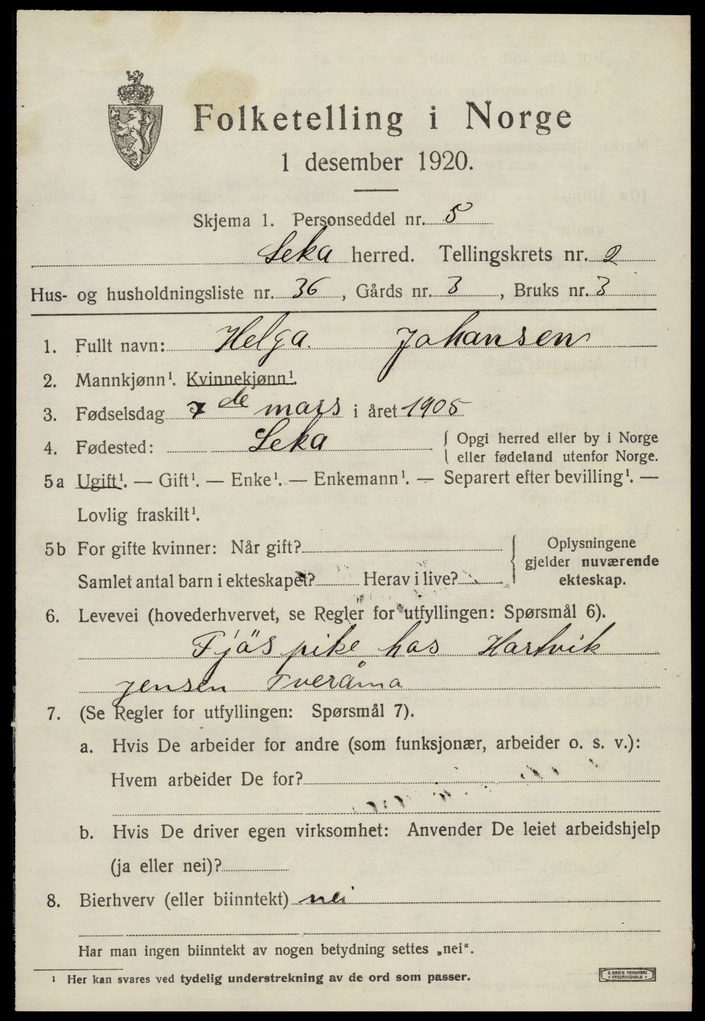 SAT, 1920 census for Leka, 1920, p. 1063