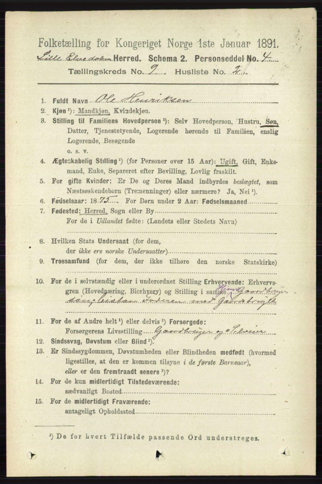 RA, 1891 census for 0438 Lille Elvedalen, 1891, p. 2810