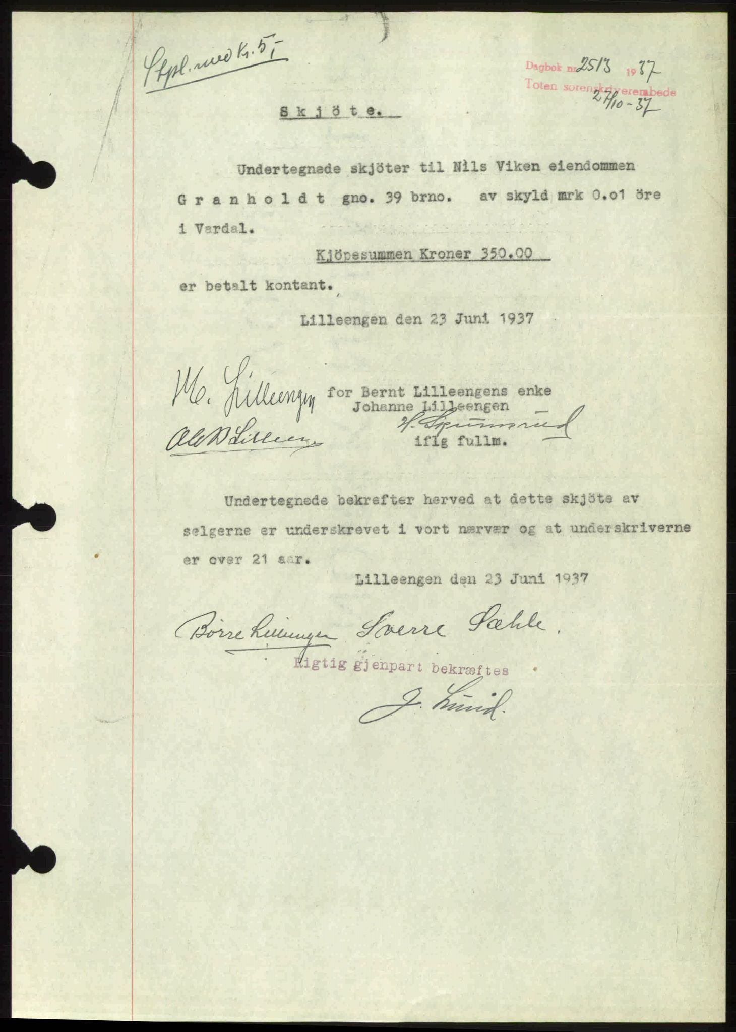 Toten tingrett, SAH/TING-006/H/Hb/Hbc/L0003: Mortgage book no. Hbc-03, 1937-1938, Diary no: : 2513/1937