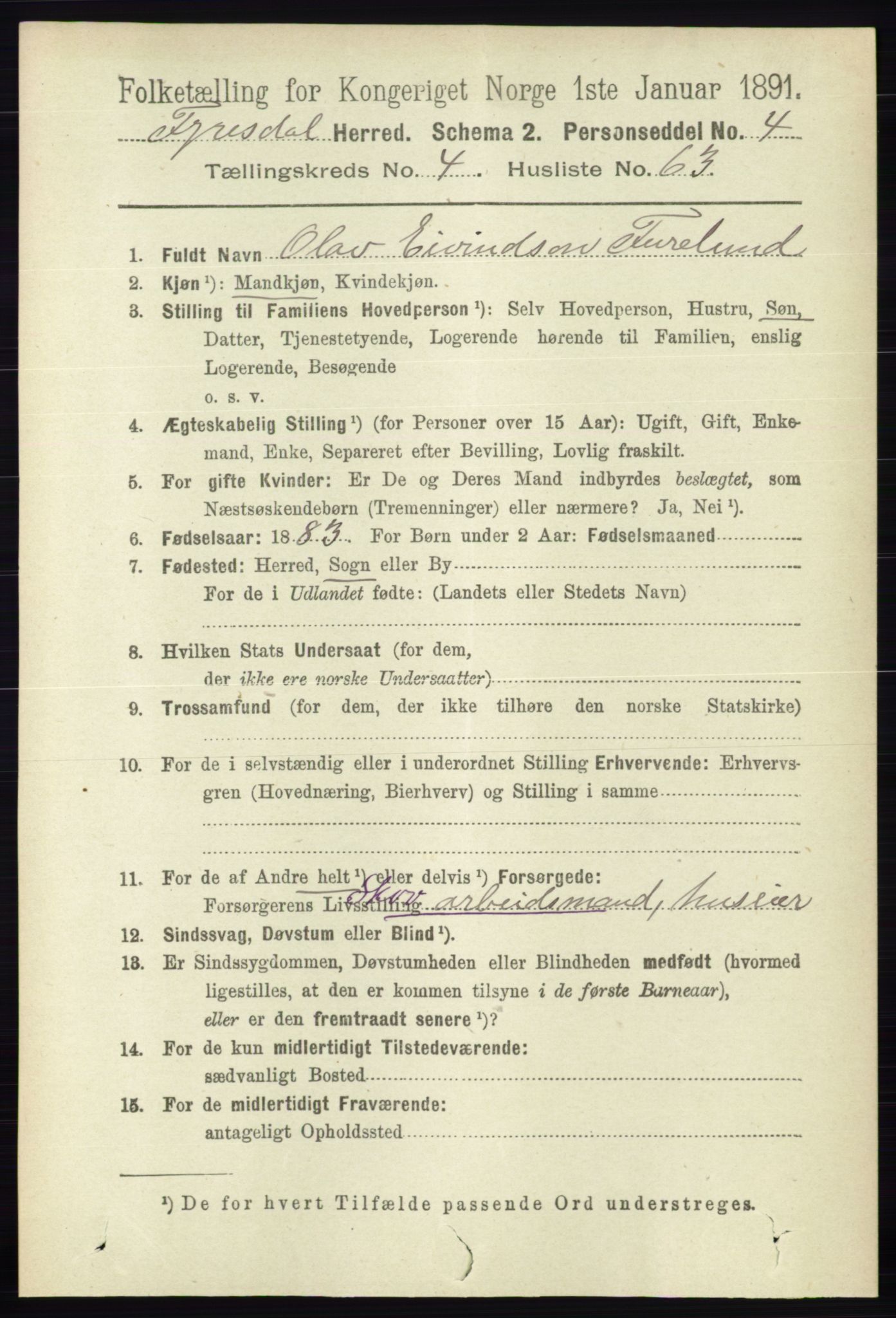 RA, 1891 census for 0831 Fyresdal, 1891, p. 1218