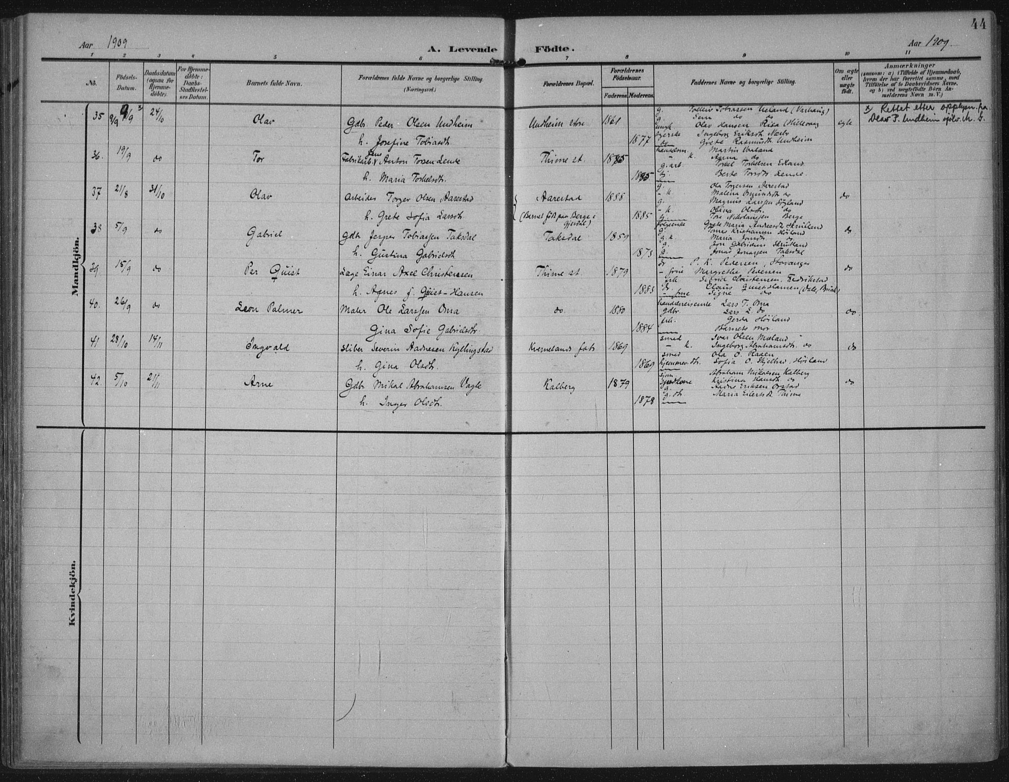 Lye sokneprestkontor, AV/SAST-A-101794/002/A/L0001: Parish register (official) no. A 12, 1904-1920, p. 44