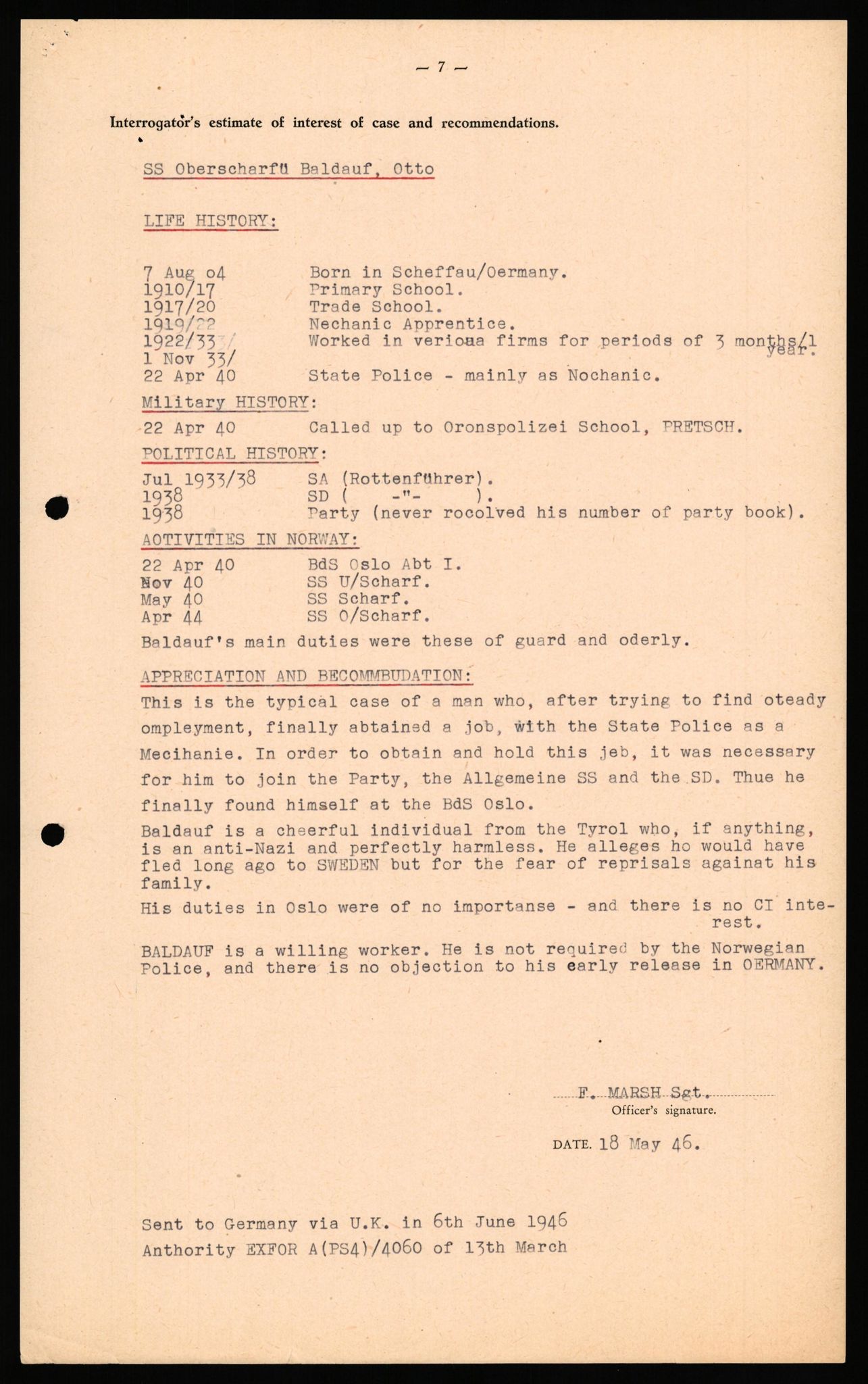 Forsvaret, Forsvarets overkommando II, AV/RA-RAFA-3915/D/Db/L0038: CI Questionaires. Tyske okkupasjonsstyrker i Norge. Østerrikere., 1945-1946, p. 60