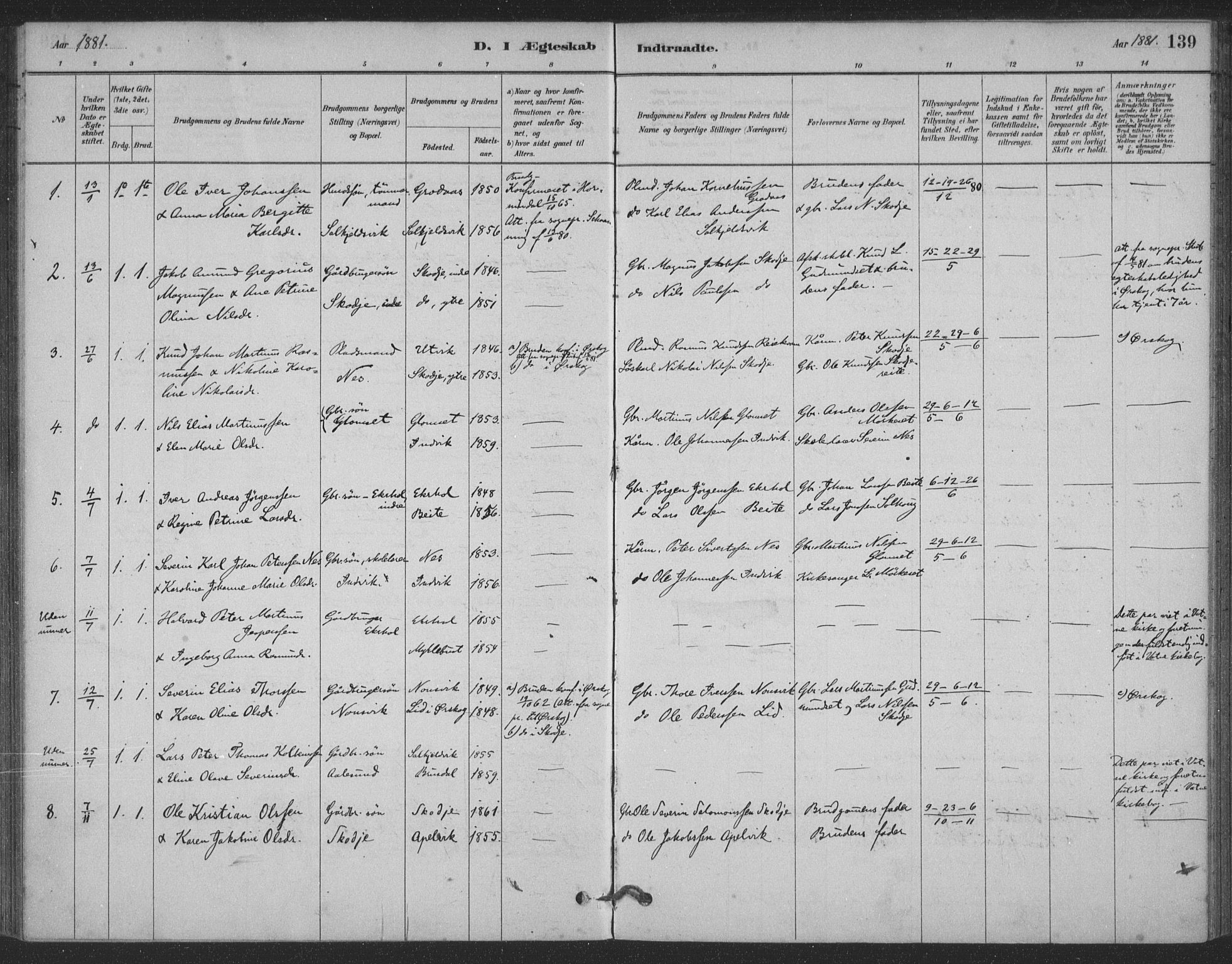 Ministerialprotokoller, klokkerbøker og fødselsregistre - Møre og Romsdal, AV/SAT-A-1454/524/L0356: Parish register (official) no. 524A08, 1880-1899, p. 139