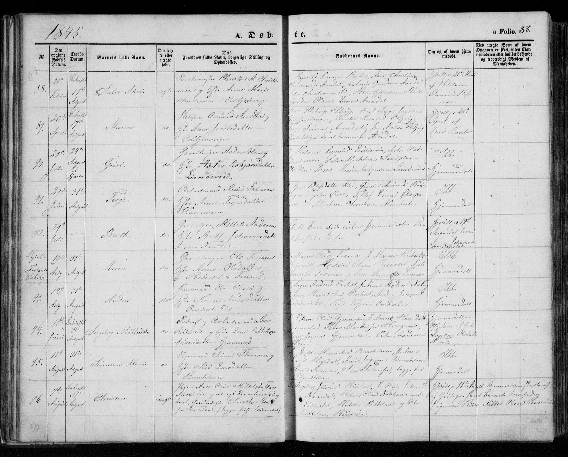 Øyestad sokneprestkontor, SAK/1111-0049/F/Fa/L0014: Parish register (official) no. A 14, 1843-1856, p. 38