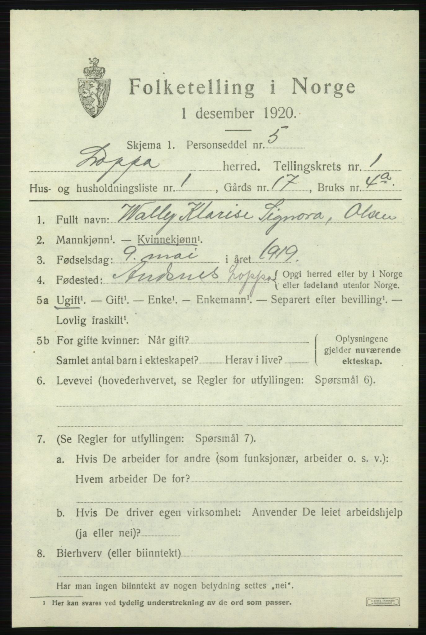 SATØ, 1920 census for Loppa, 1920, p. 630