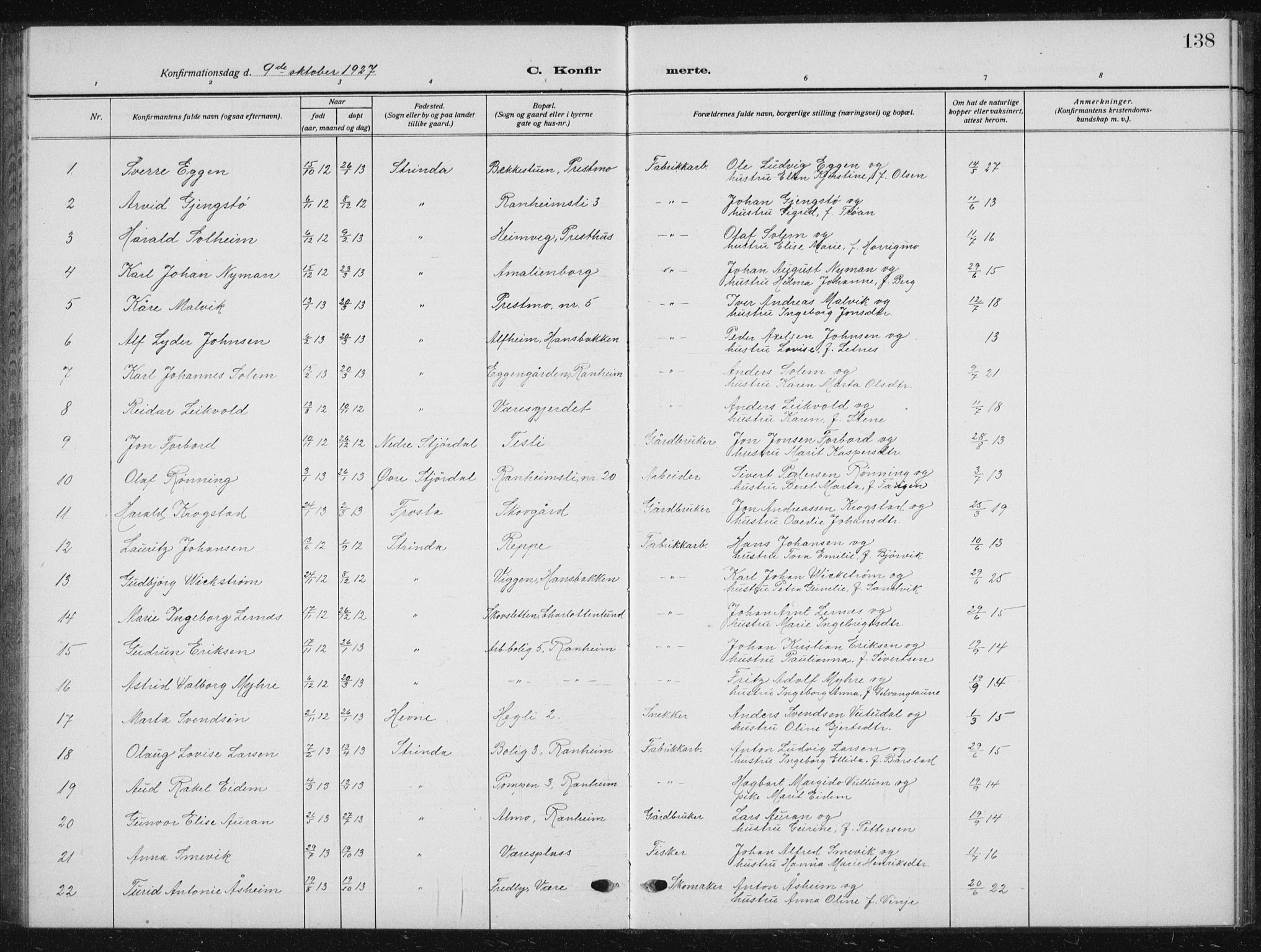 Ministerialprotokoller, klokkerbøker og fødselsregistre - Sør-Trøndelag, SAT/A-1456/615/L0401: Parish register (copy) no. 615C02, 1922-1941, p. 138