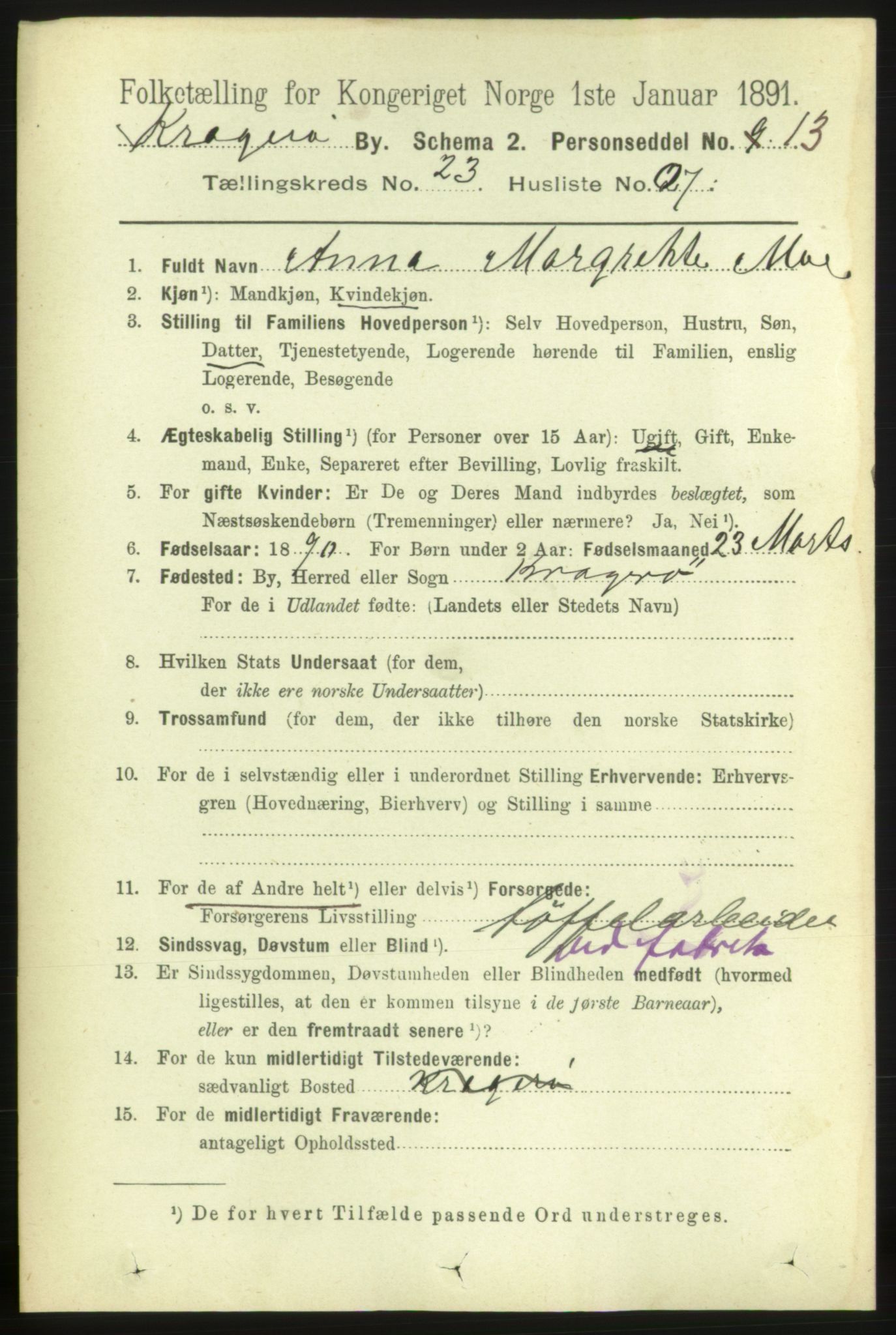 RA, 1891 census for 0801 Kragerø, 1891, p. 4974