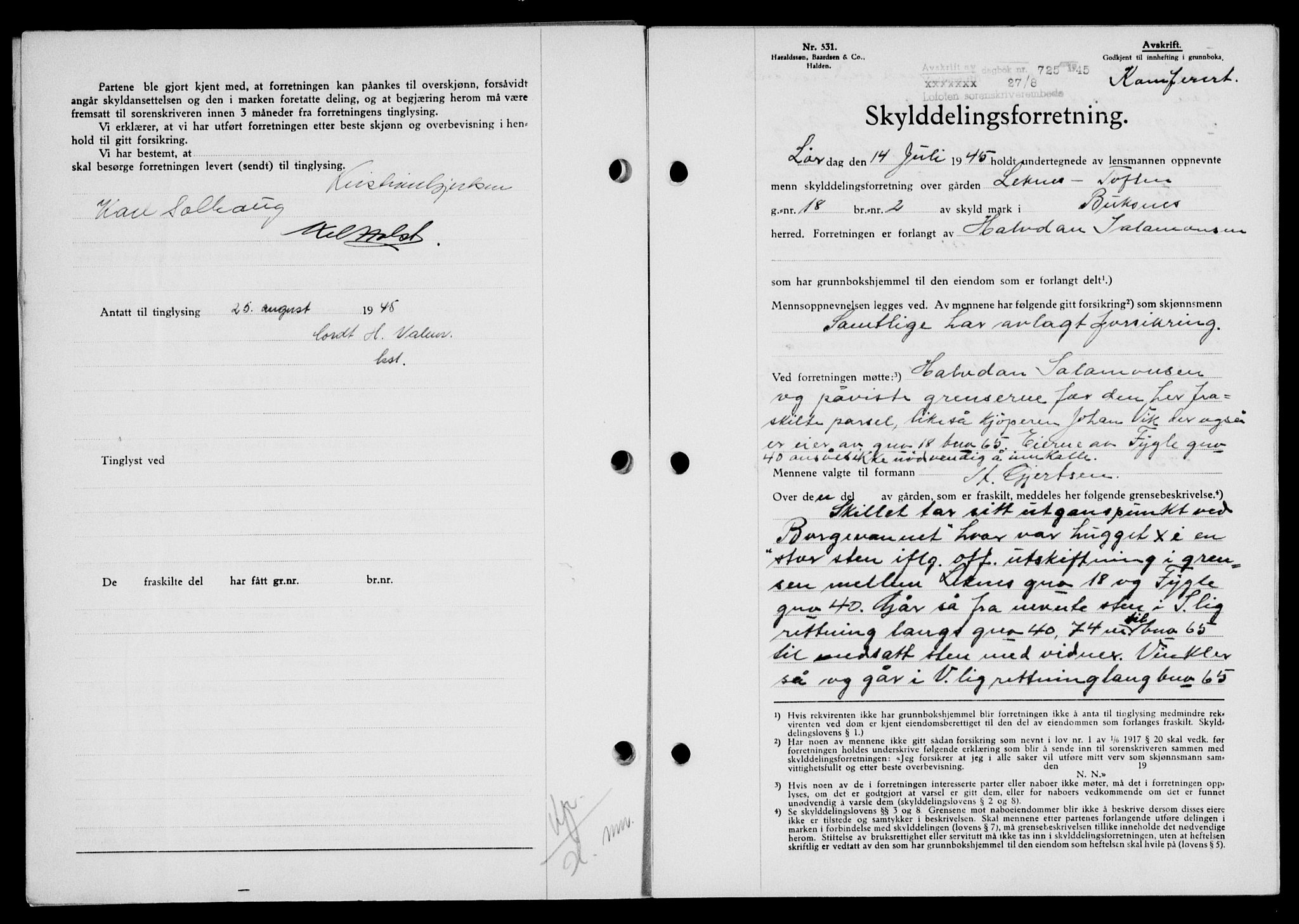 Lofoten sorenskriveri, SAT/A-0017/1/2/2C/L0013a: Mortgage book no. 13a, 1944-1946, Diary no: : 725/1945