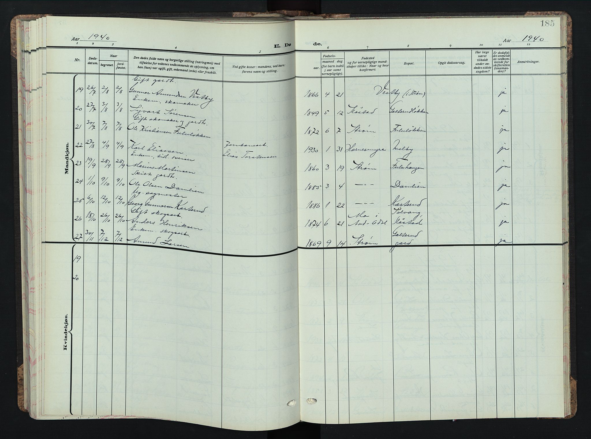 Sør-Odal prestekontor, AV/SAH-PREST-030/H/Ha/Hab/L0013: Parish register (copy) no. 13, 1933-1951, p. 185