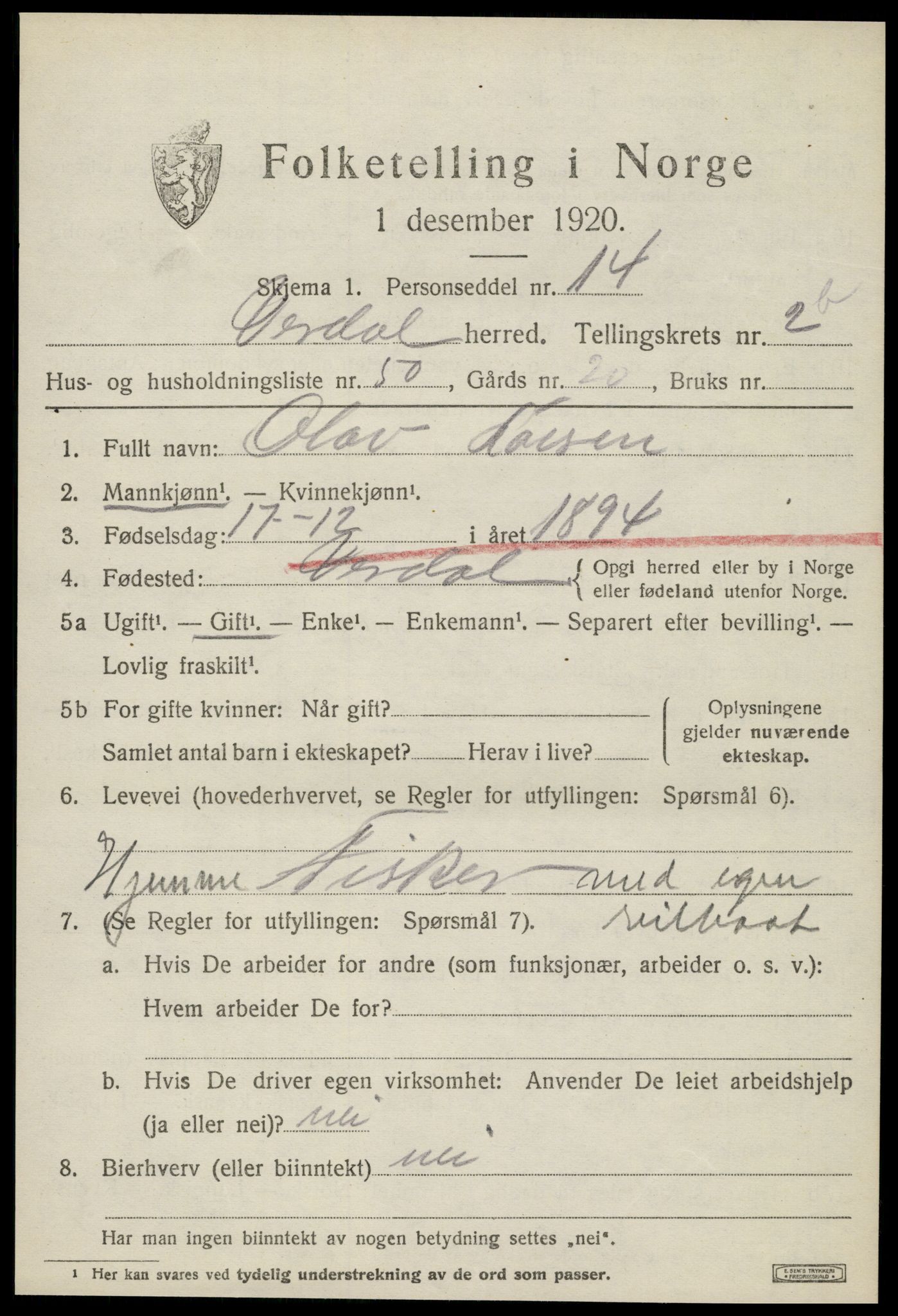 SAT, 1920 census for Verdal, 1920, p. 4717