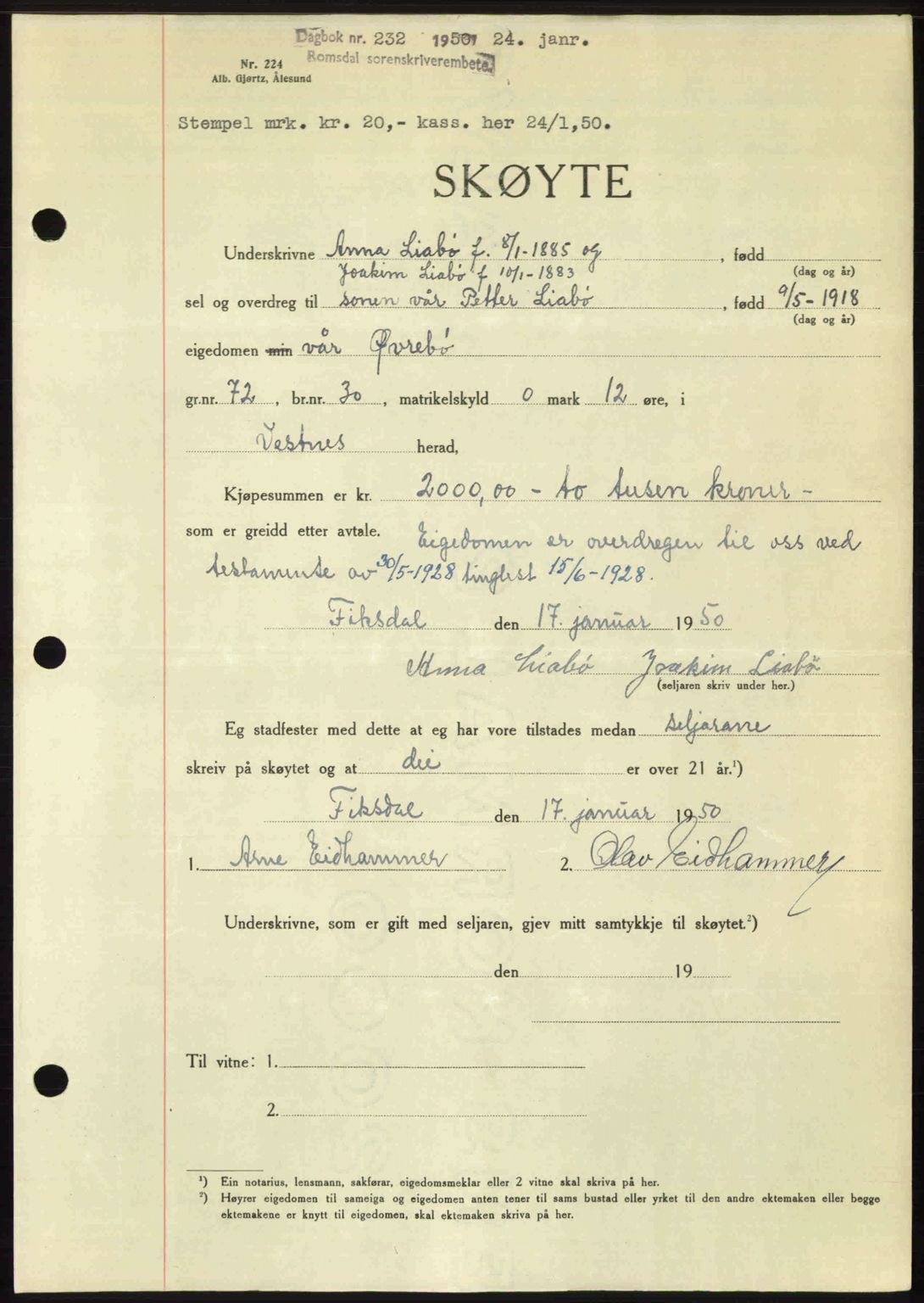 Romsdal sorenskriveri, AV/SAT-A-4149/1/2/2C: Mortgage book no. A32, 1950-1950, Diary no: : 232/1950