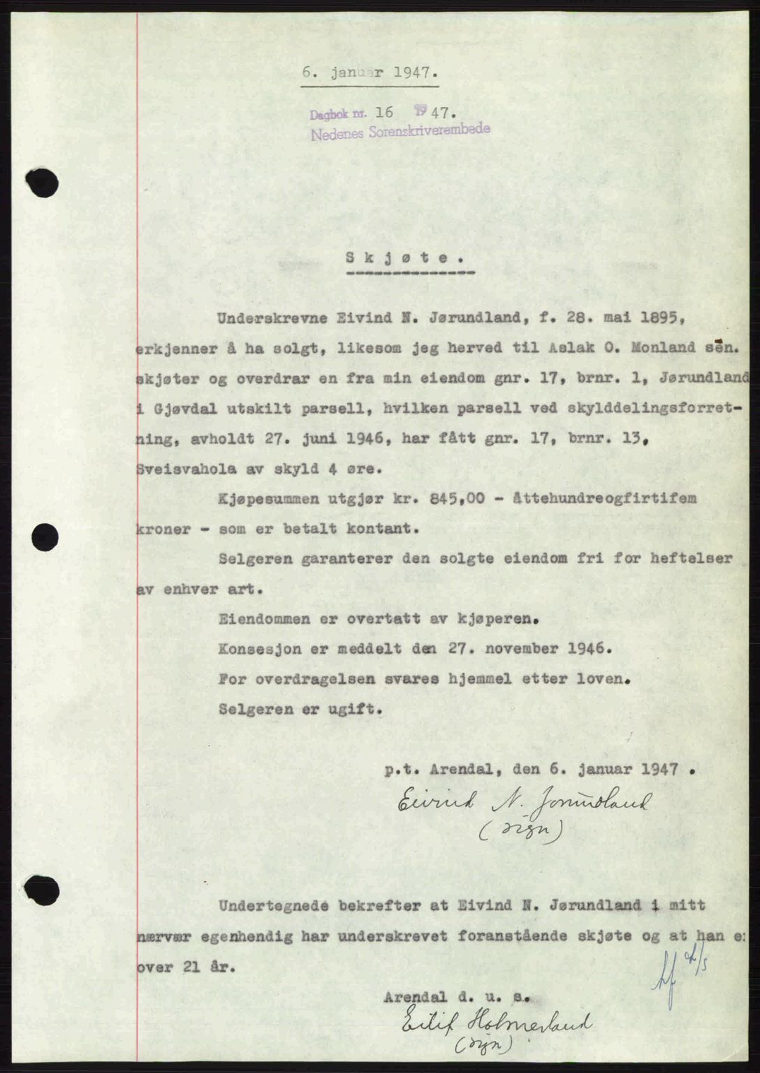 Nedenes sorenskriveri, AV/SAK-1221-0006/G/Gb/Gba/L0056: Mortgage book no. A8, 1946-1947, Diary no: : 16/1947