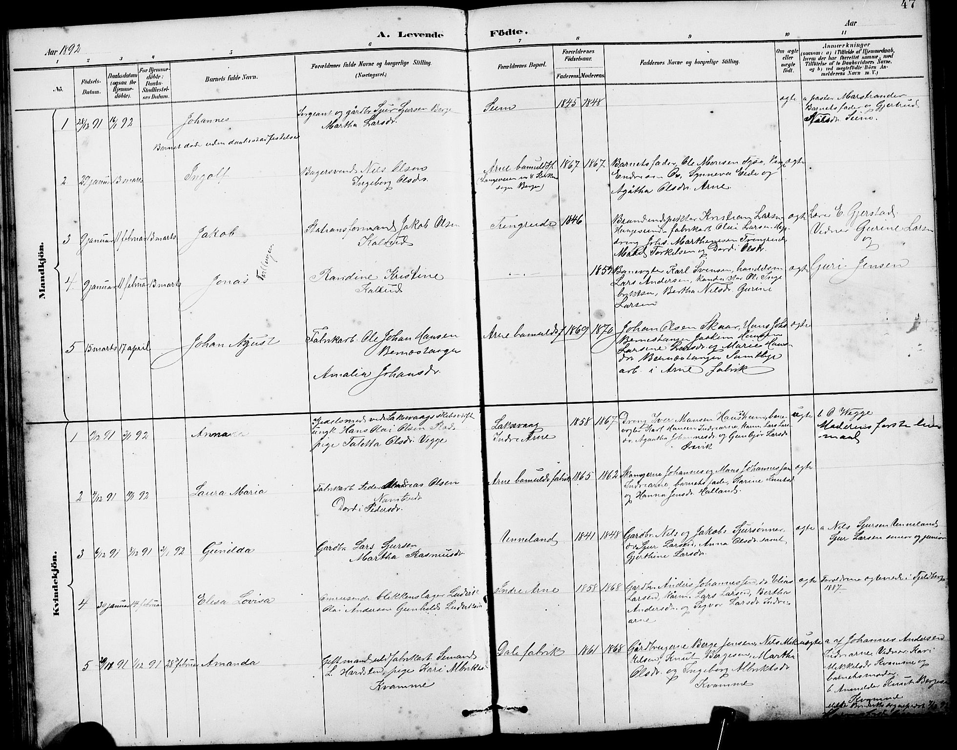 Arna Sokneprestembete, SAB/A-74001/H/Ha/Hab: Parish register (copy) no. A 3, 1887-1897, p. 47