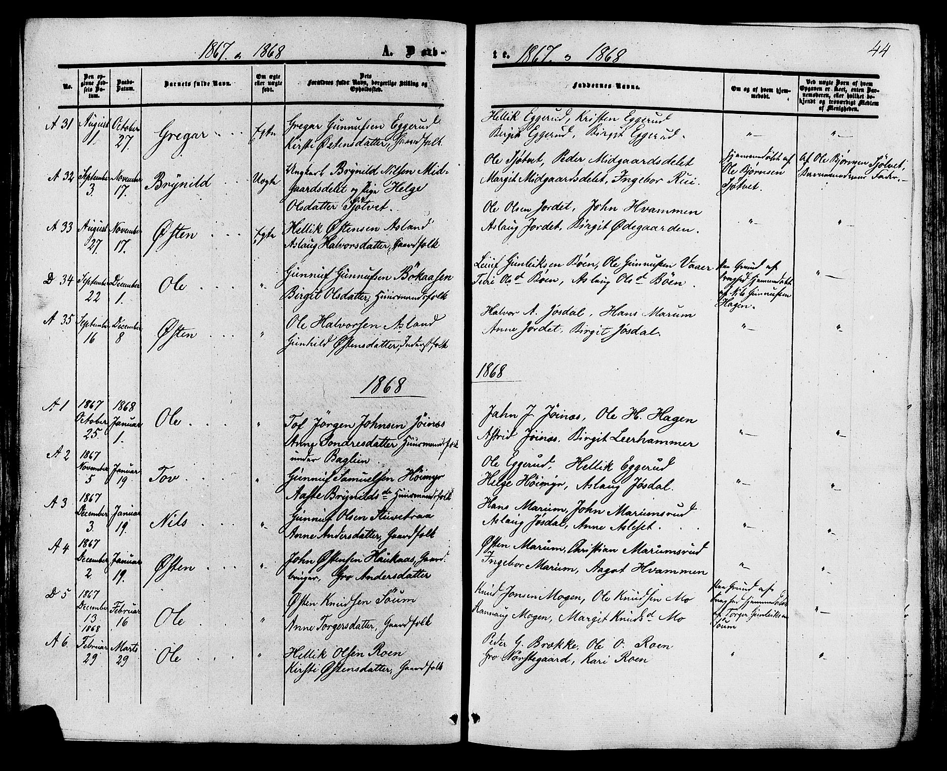 Tinn kirkebøker, SAKO/A-308/F/Fa/L0006: Parish register (official) no. I 6, 1857-1878, p. 44